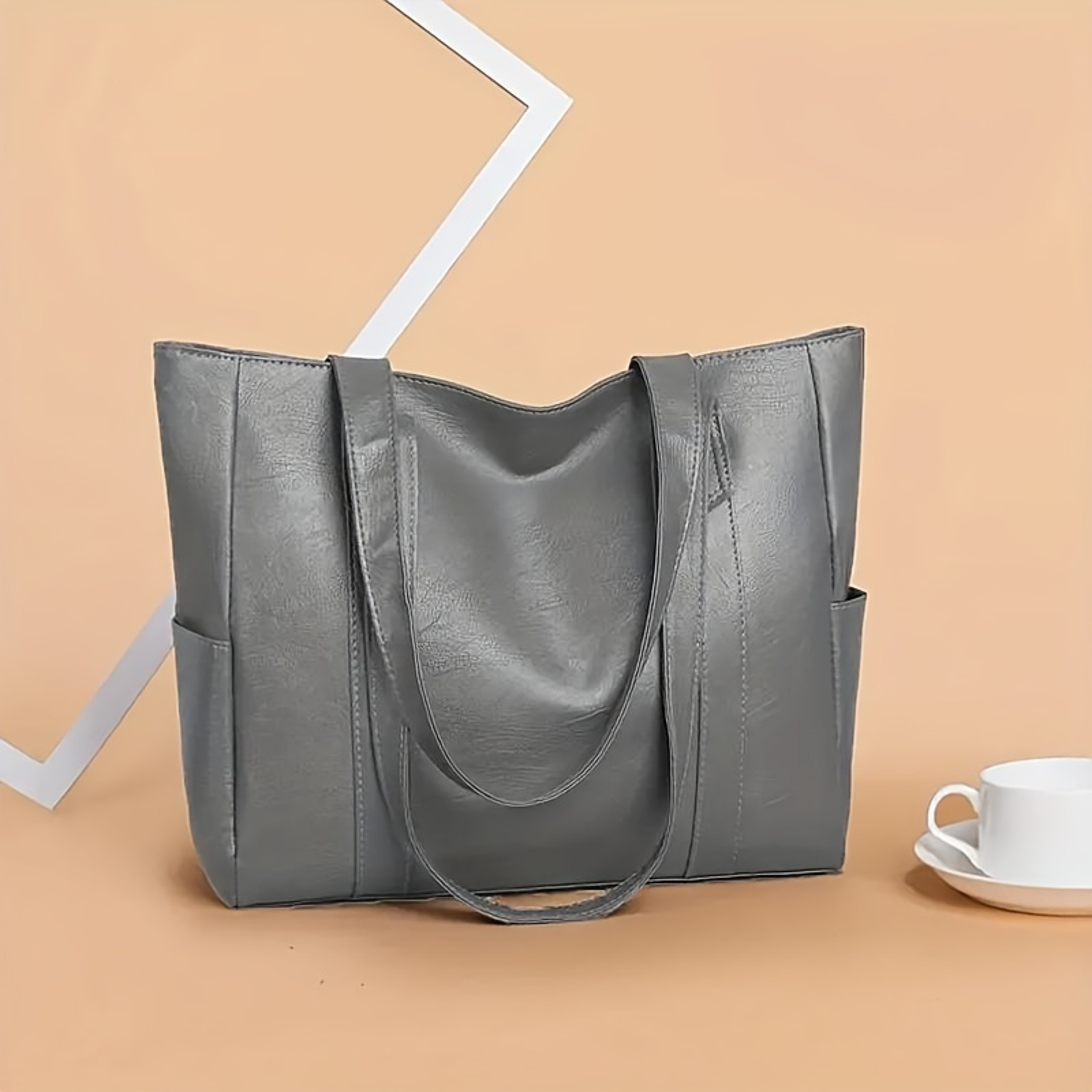 Durable PU Solid Color Shoulder Bag, Large Capacity Tote Bag with Zipper Double Handle, Perfect Commute Bag – view 9