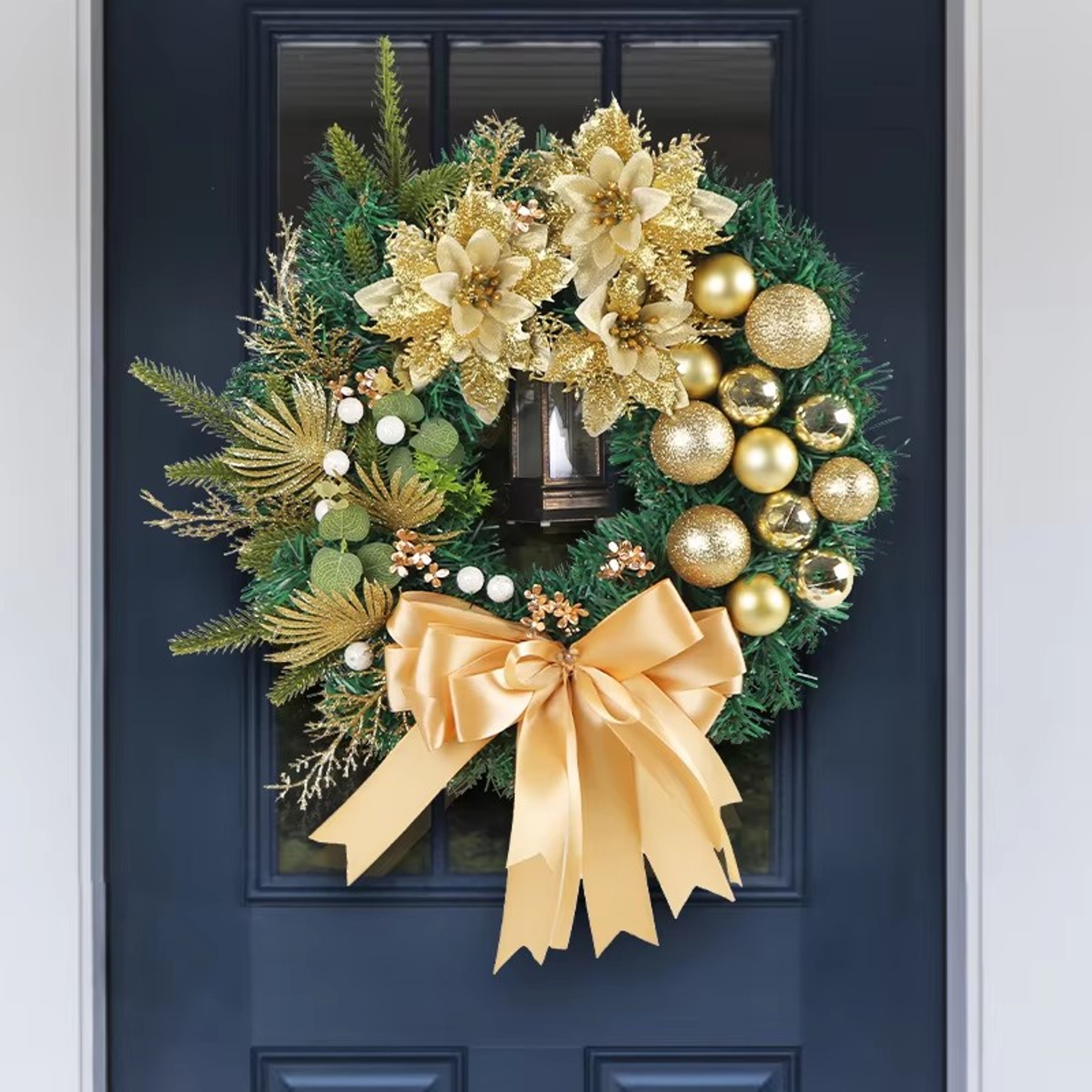 Elegant Pre Lit Christmas Wreath For Front Door Garland With LED Lantern And Large Bow For Holiday  4