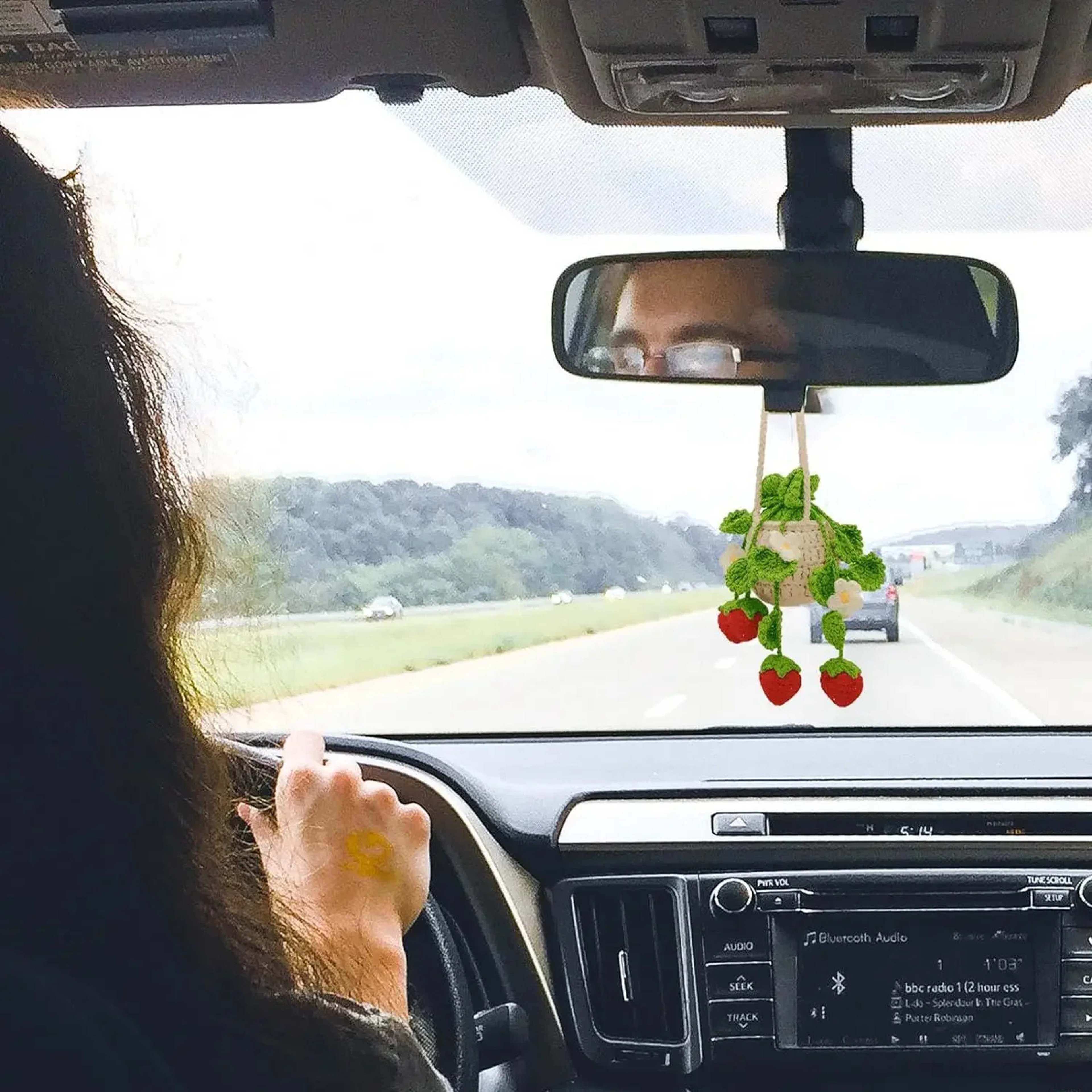 Handmade Car Decor Charm, Strawberry Plant Crochet Hanger for Rear View Mirror, Cute,Boho Car Ornament & Air Freshene – view 4