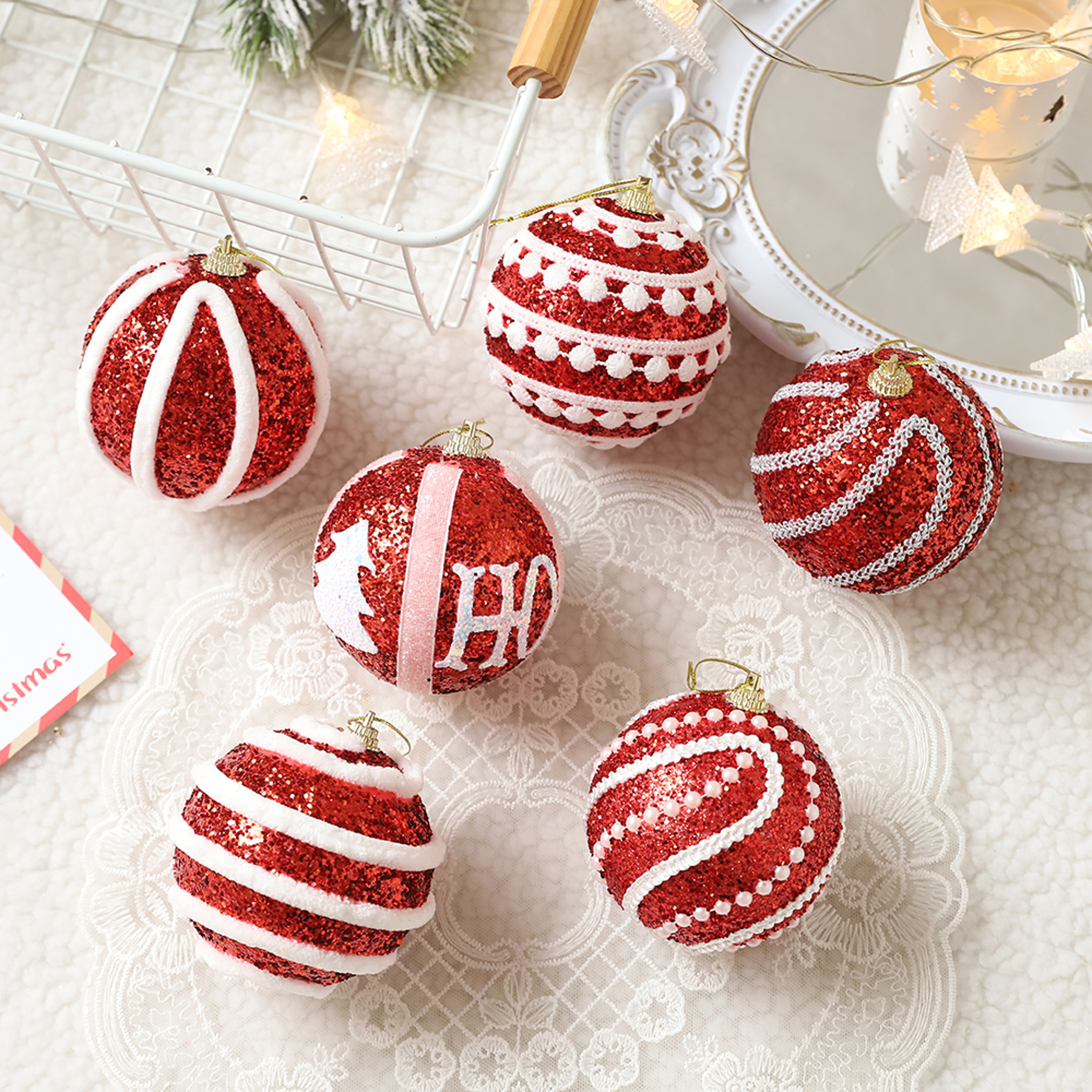 Christmas Ball Ornaments 6pcs 8cm, Red White Hanging Tree Decorations, Holiday New Year Navidad Home Decor – view 24