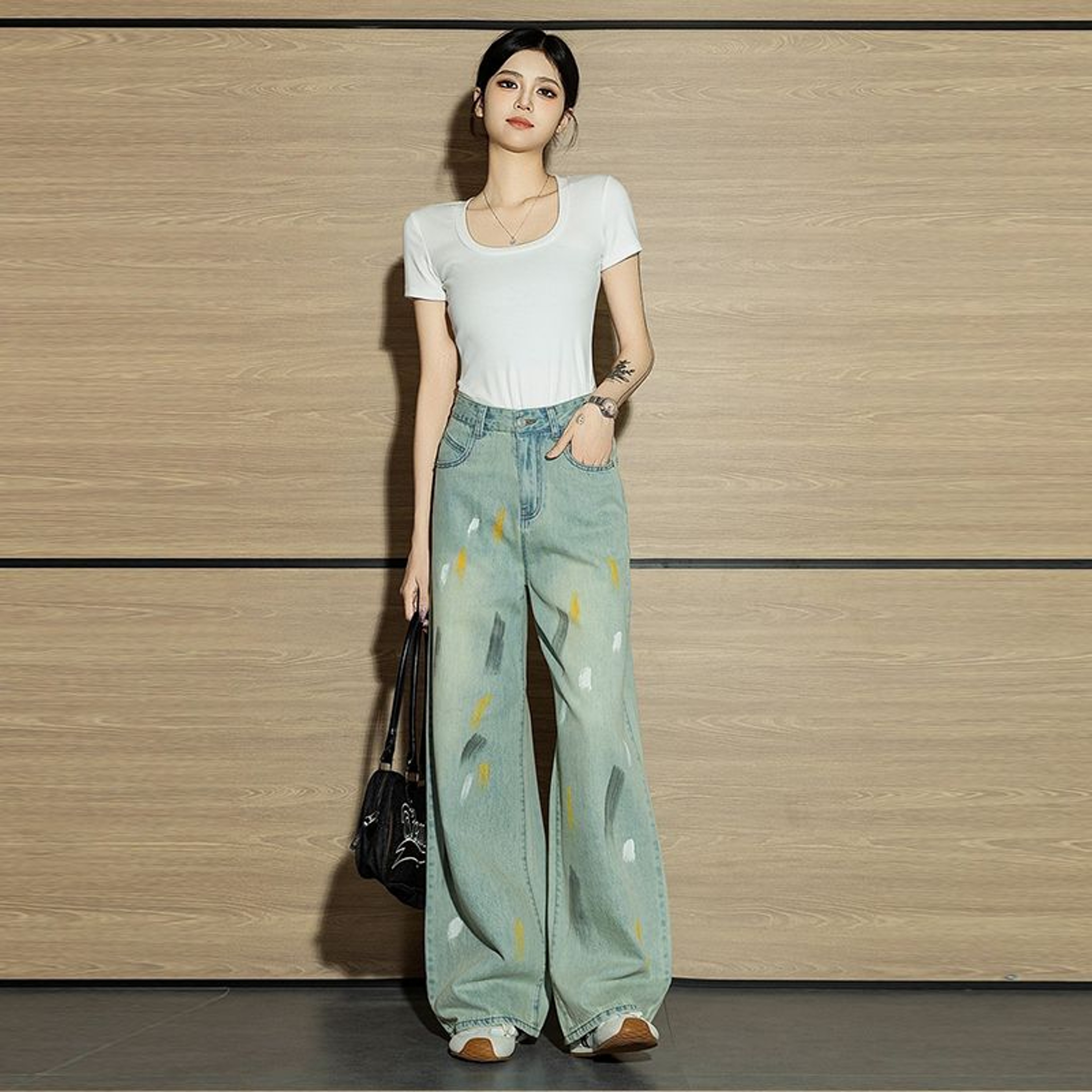 Autumn Retro Graffiti Womens Jeans, High-Waisted Mop Pants, Niche Straight Denim for Women – view 4