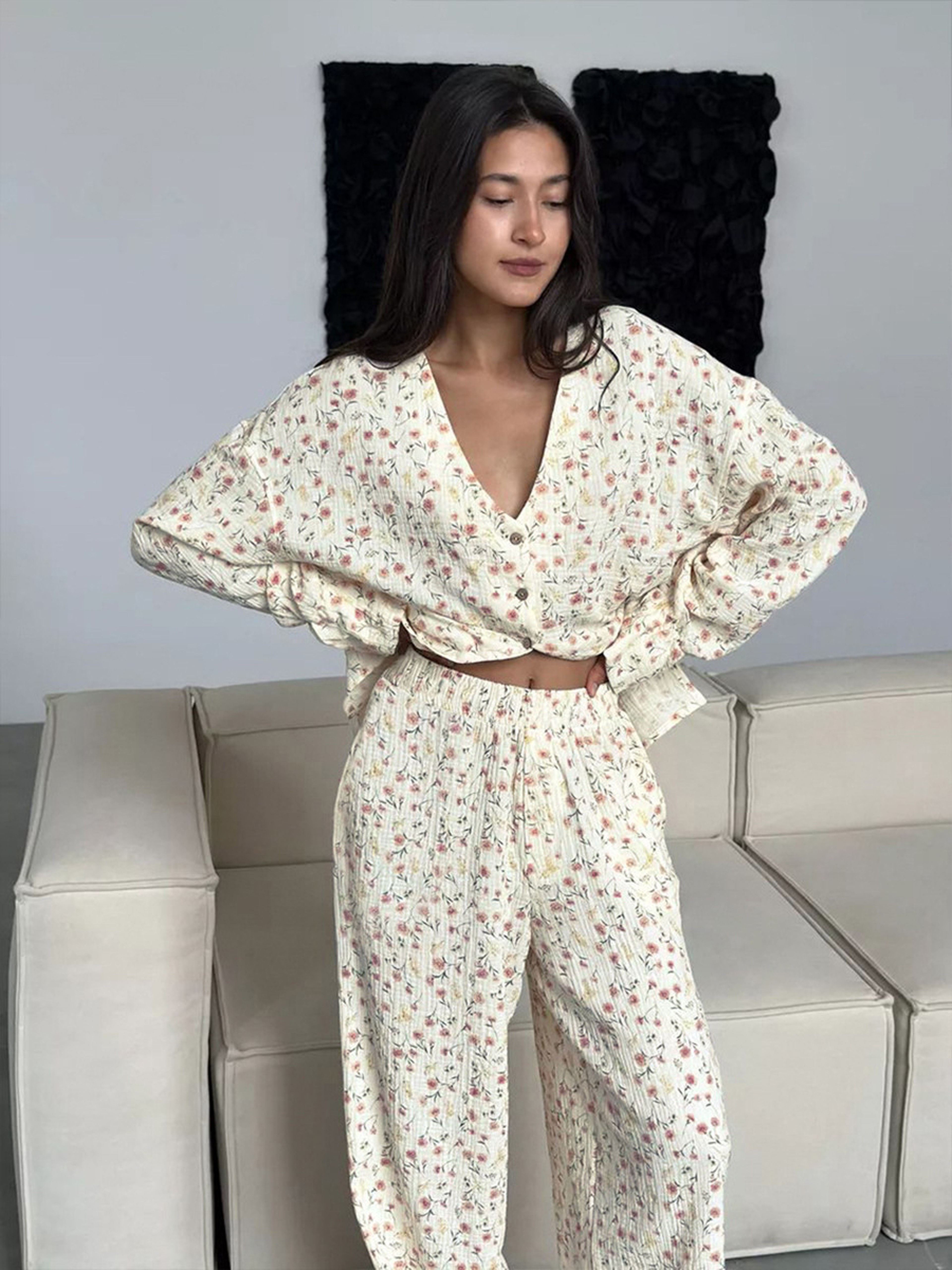 Women's 100% Cotton Printed Cardigan Pajama Set, Autumn Long Sleeved Pants – view 2