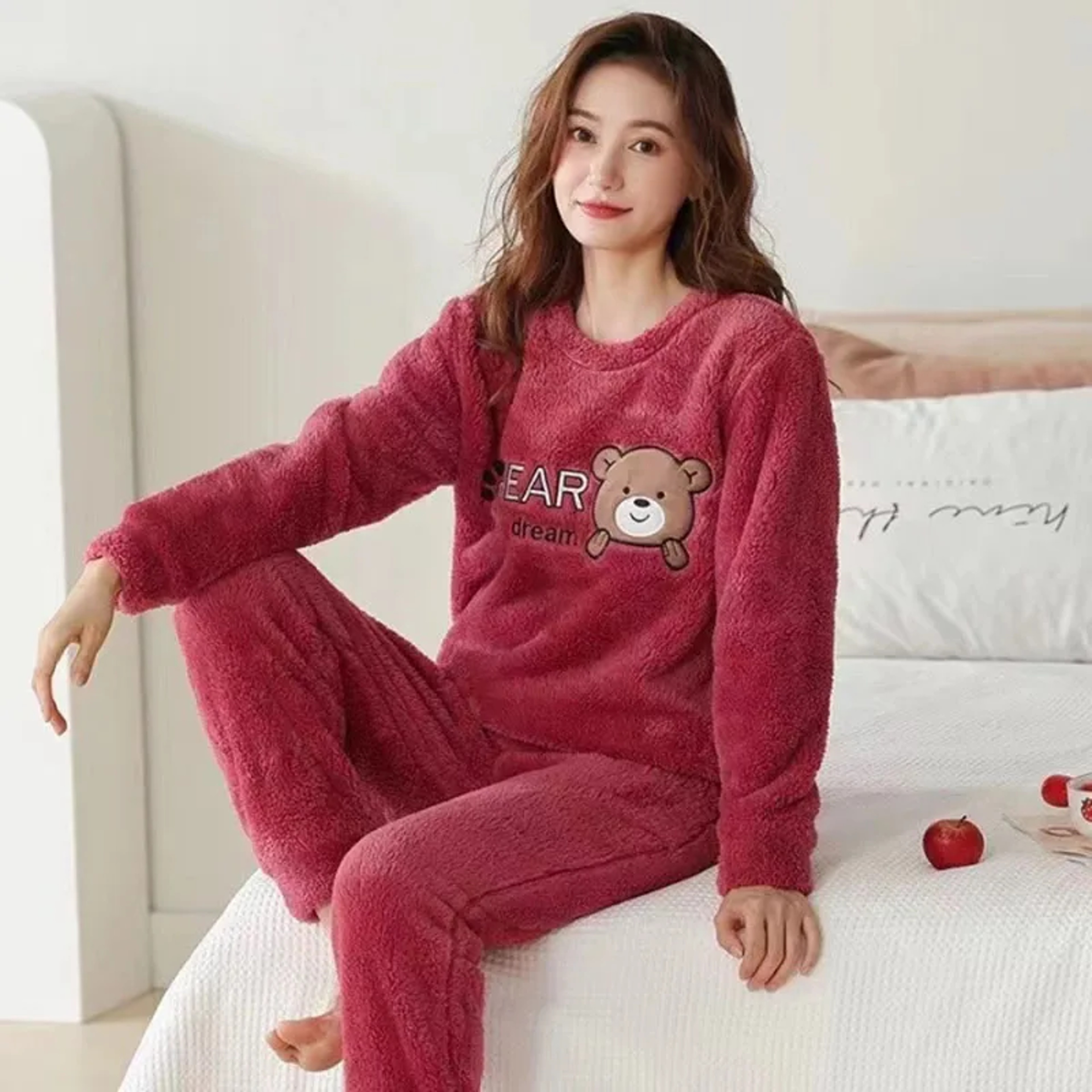 Autumn Winter Cute Cartoon Bear Padded Two Sets Thickened Warm Flannel Women Sleepwear Coral Velvet 6