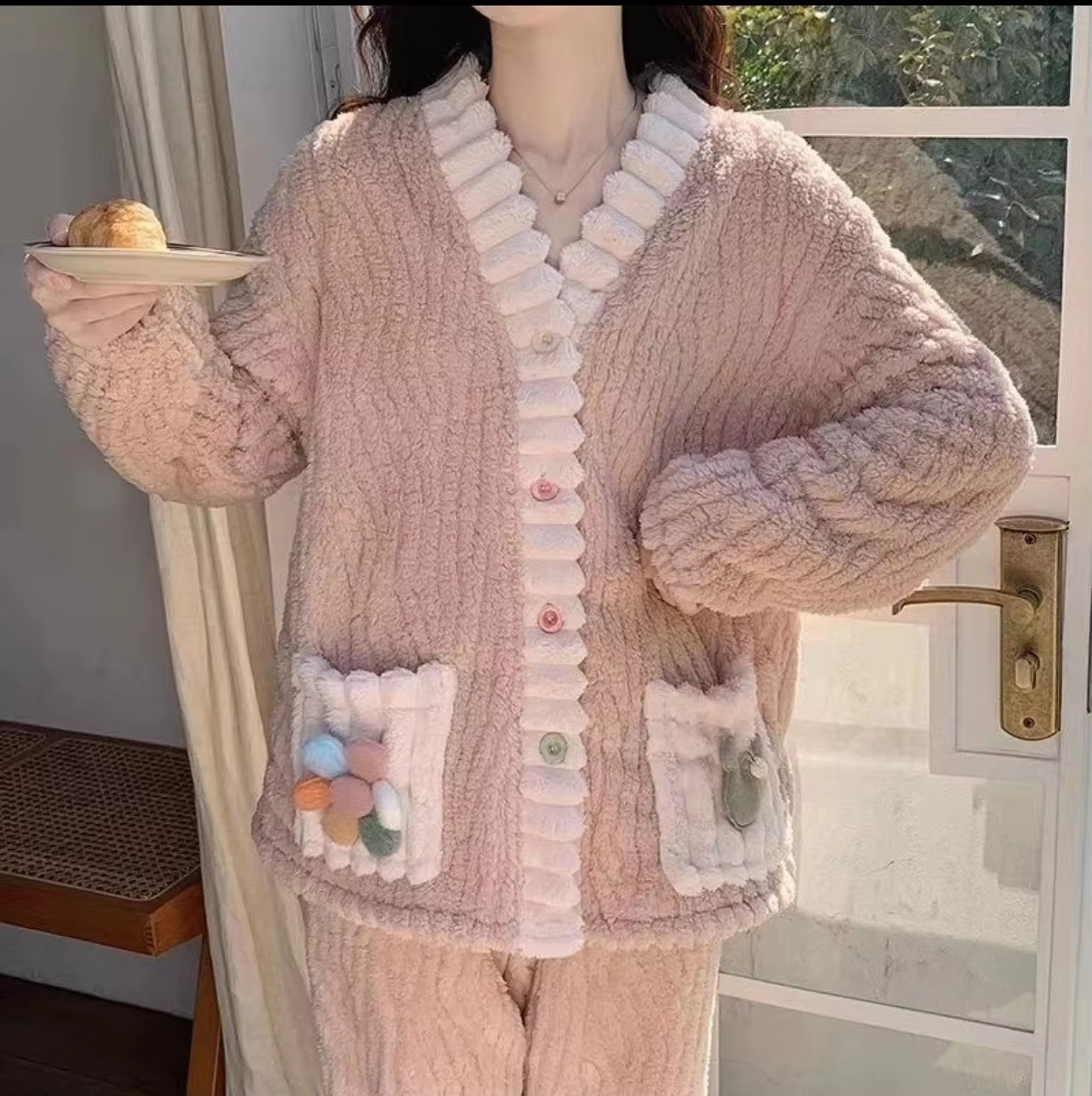 Cozy Thickened Warm Flannel Women Sleepwear Soft Kawaii Pajamas Winter Cardigan Suit Homewear 1