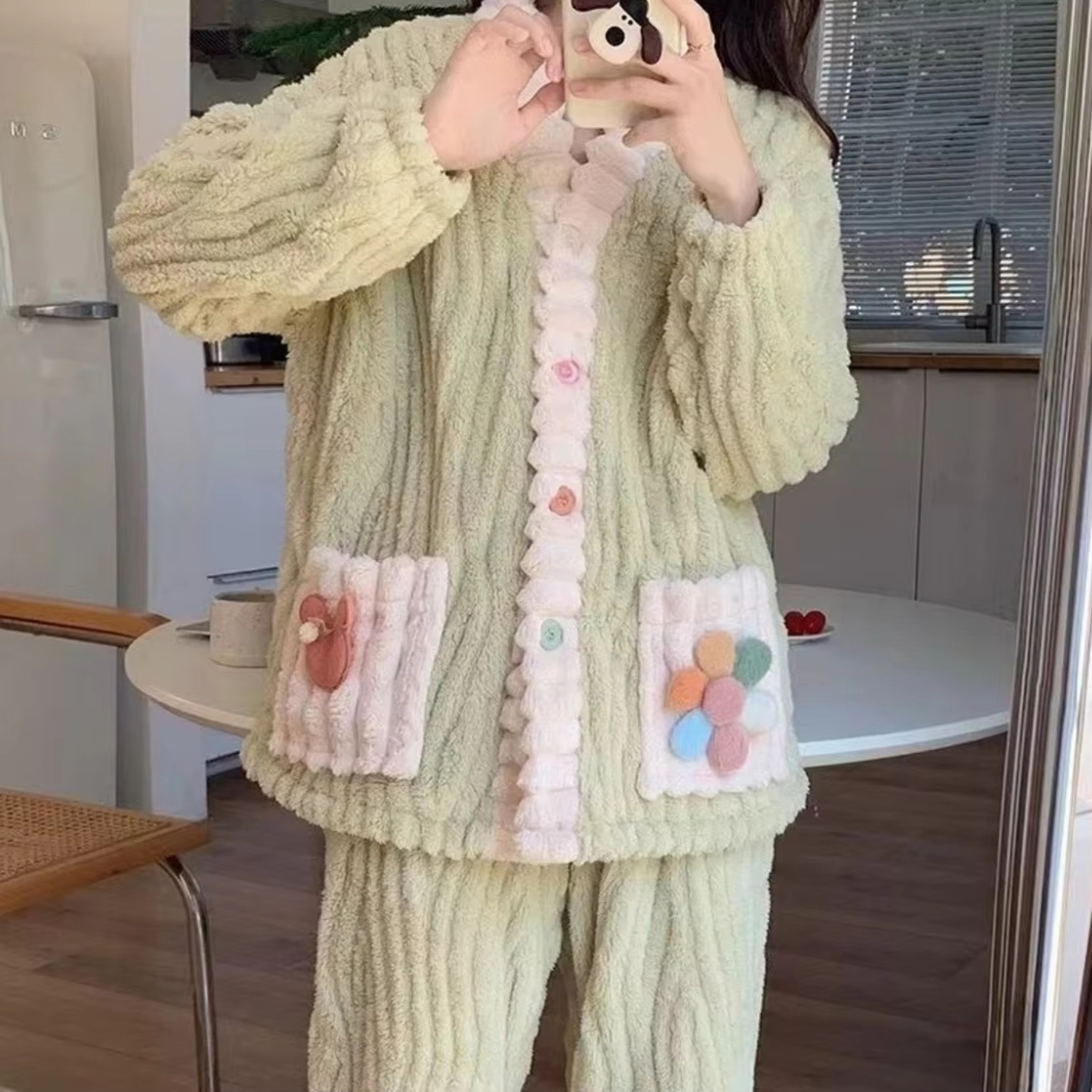Cozy Thickened Warm Flannel Women Sleepwear Soft Kawaii Pajamas Winter Cardigan Suit Homewear 2