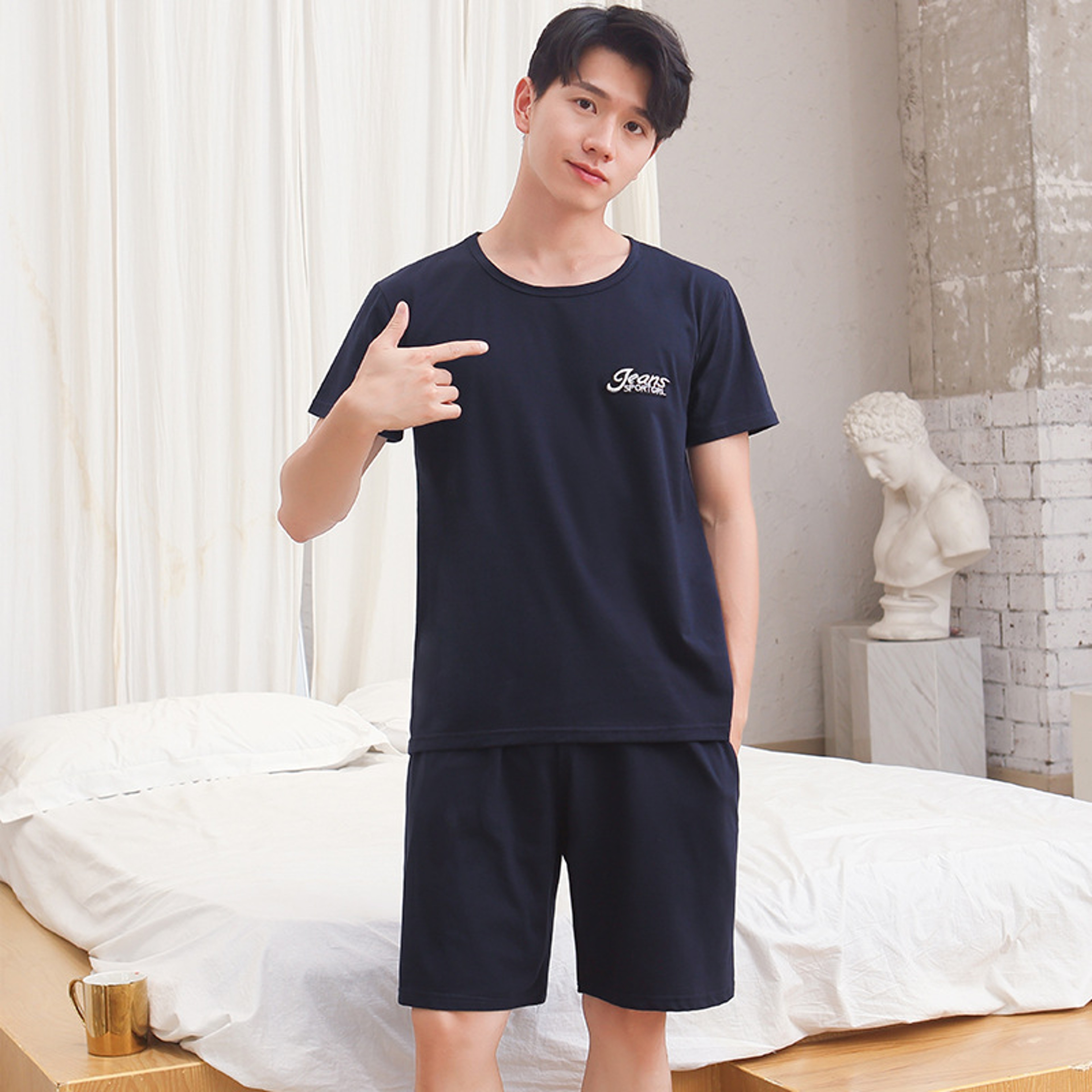 Striped Cotton Mens Pajama Set Athletic Casual Loose Nightwear Loungewear Pants And Top 1