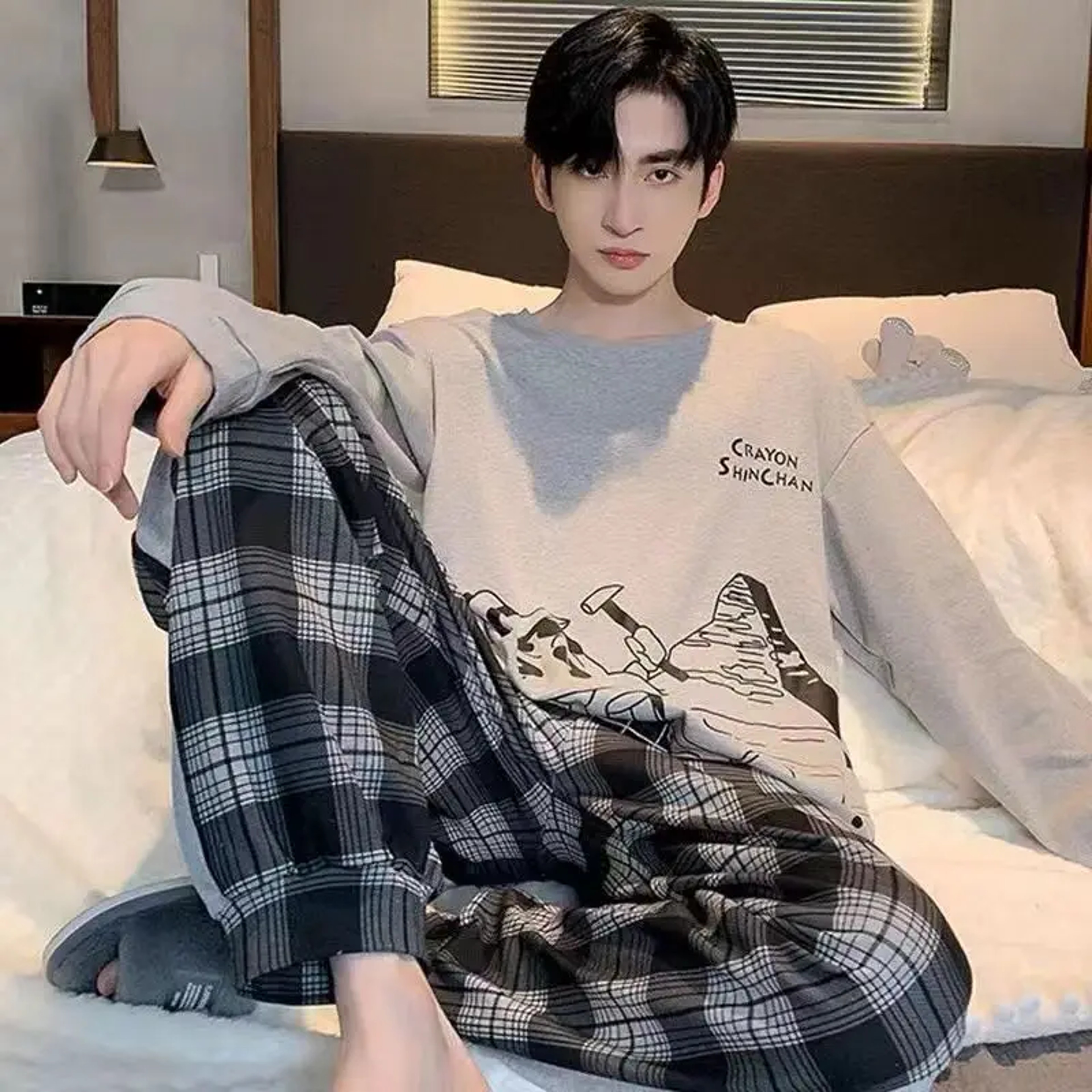 Men LongSleeved Pajama Set For Spring  Autumn Plaid Trouser Neck Top Cozy Student Homewear Set 1