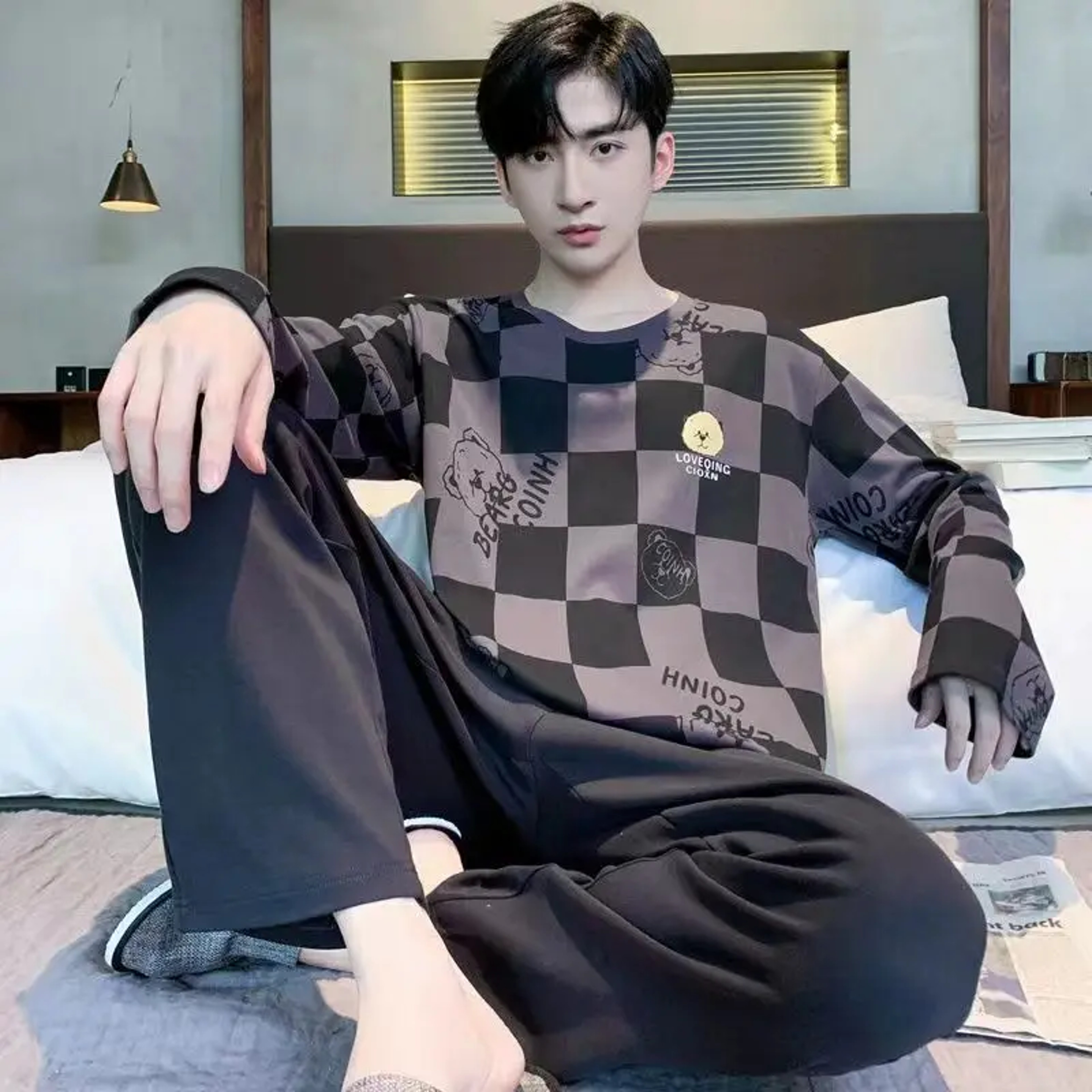 Men LongSleeved Pajama Set For Spring  Autumn Plaid Trouser Neck Top Cozy Student Homewear Set 4