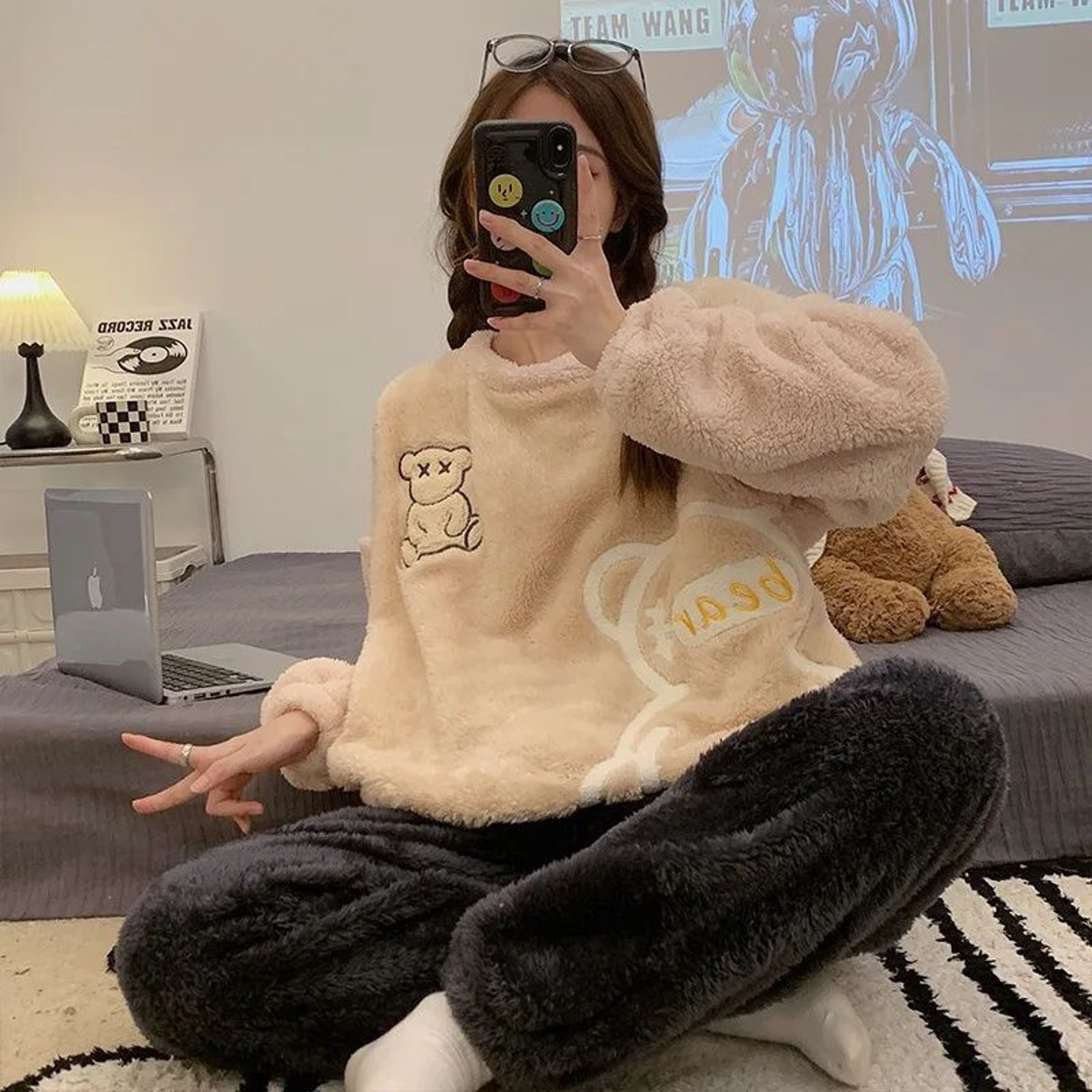 Women Thickened Warm Flannel Sleepwear Winter Homewear Pajama Set Tops And Trousers 3