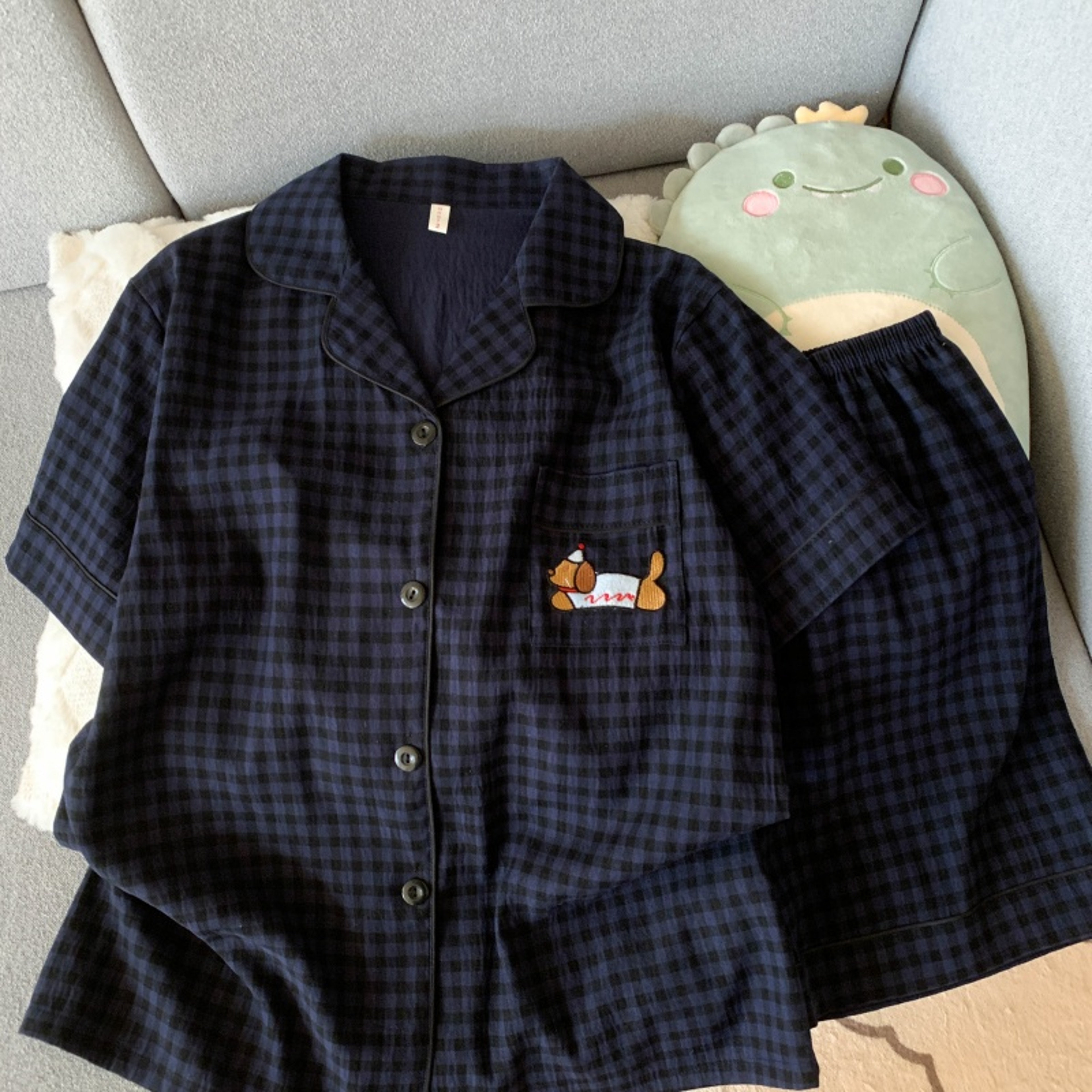 Cute Pajamas Set for Women, Embroidery Dog Sweet Fashion, Plaid Lapel Neck, Elastic Waist Casual Nightwear – view 1