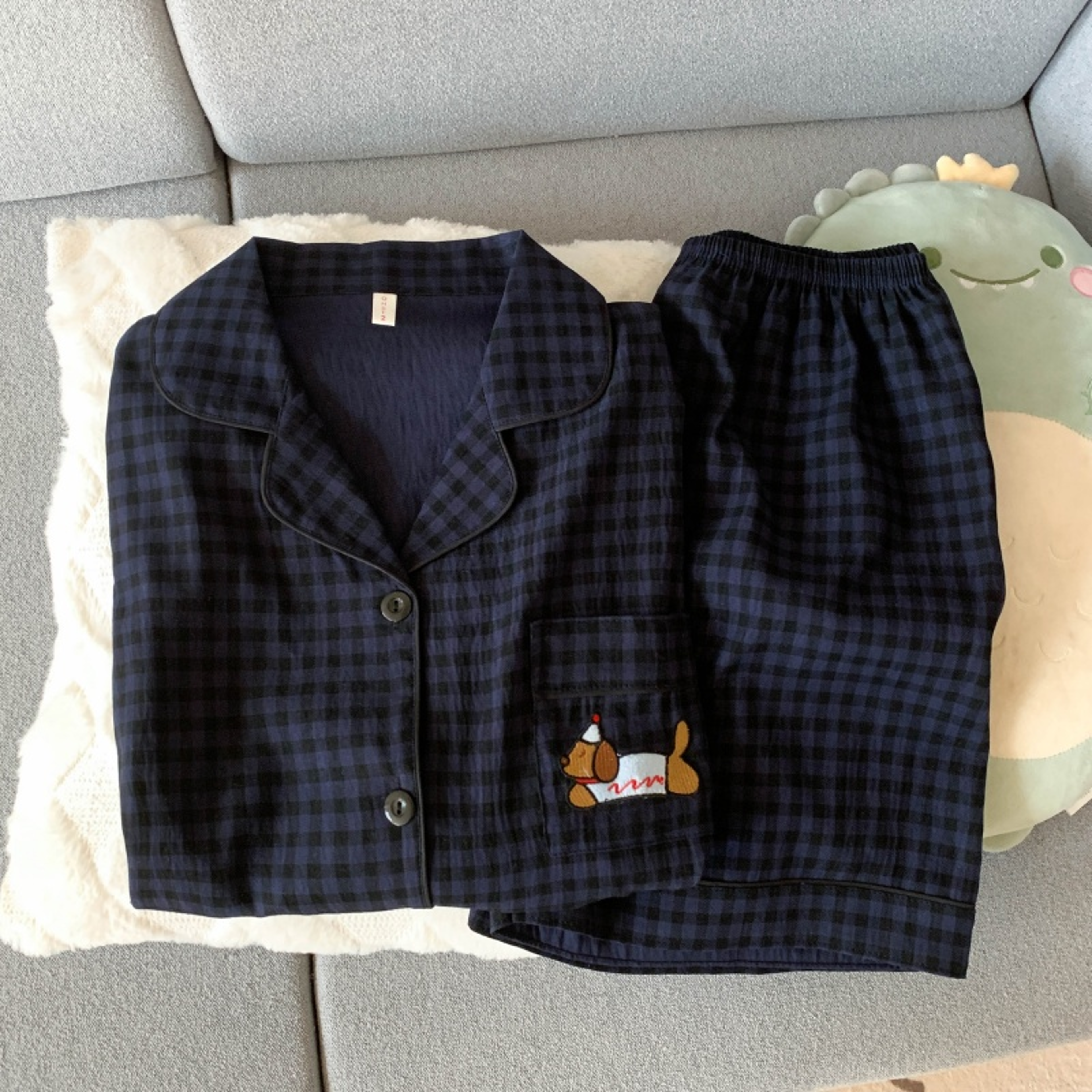 Cute Pajamas Set for Women, Embroidery Dog Sweet Fashion, Plaid Lapel Neck, Elastic Waist Casual Nightwear – view 5