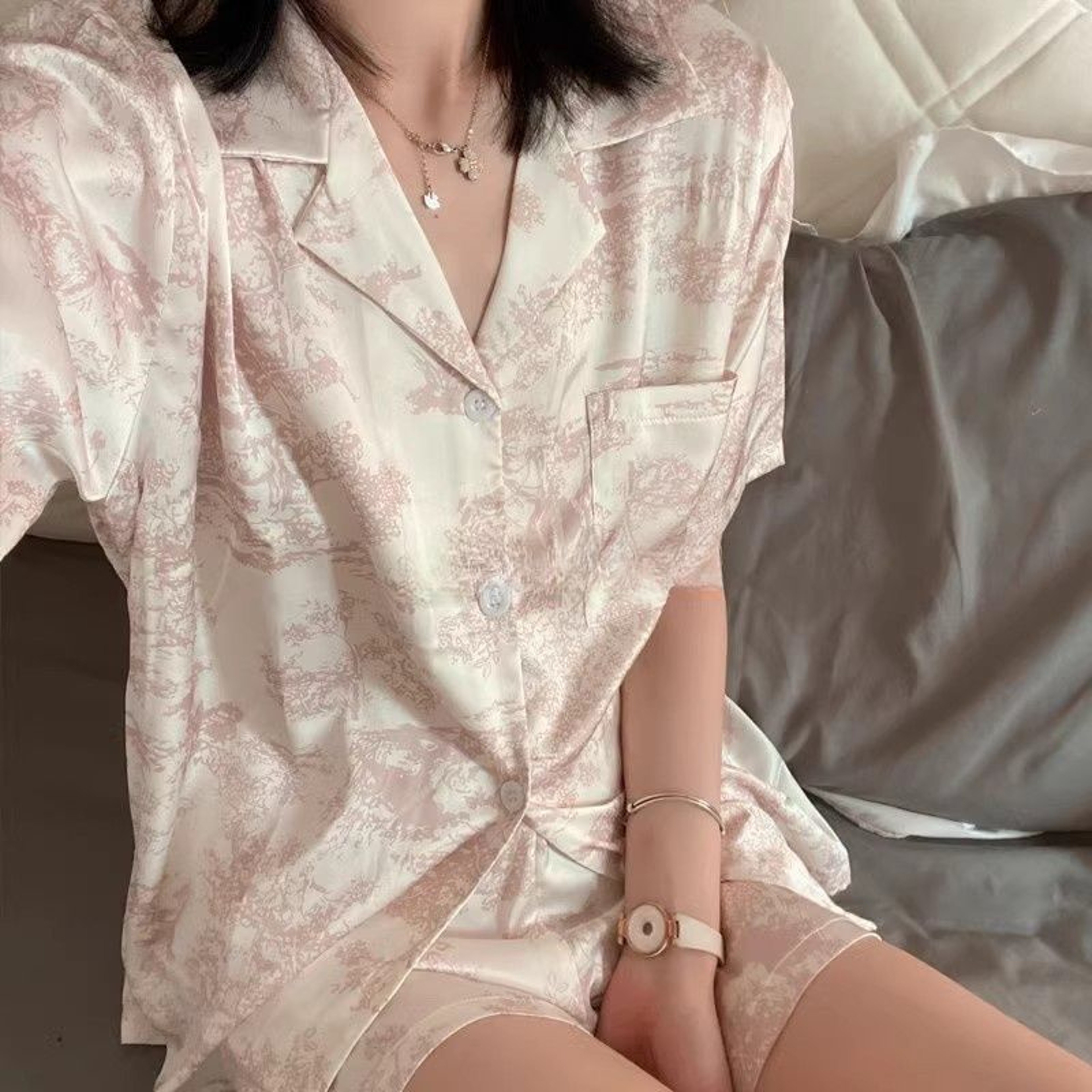 Womens Pink Cute Print Pajama Set Soft Comfy Button Top And Shorts Casual Loungewear Sleepwear Home 0