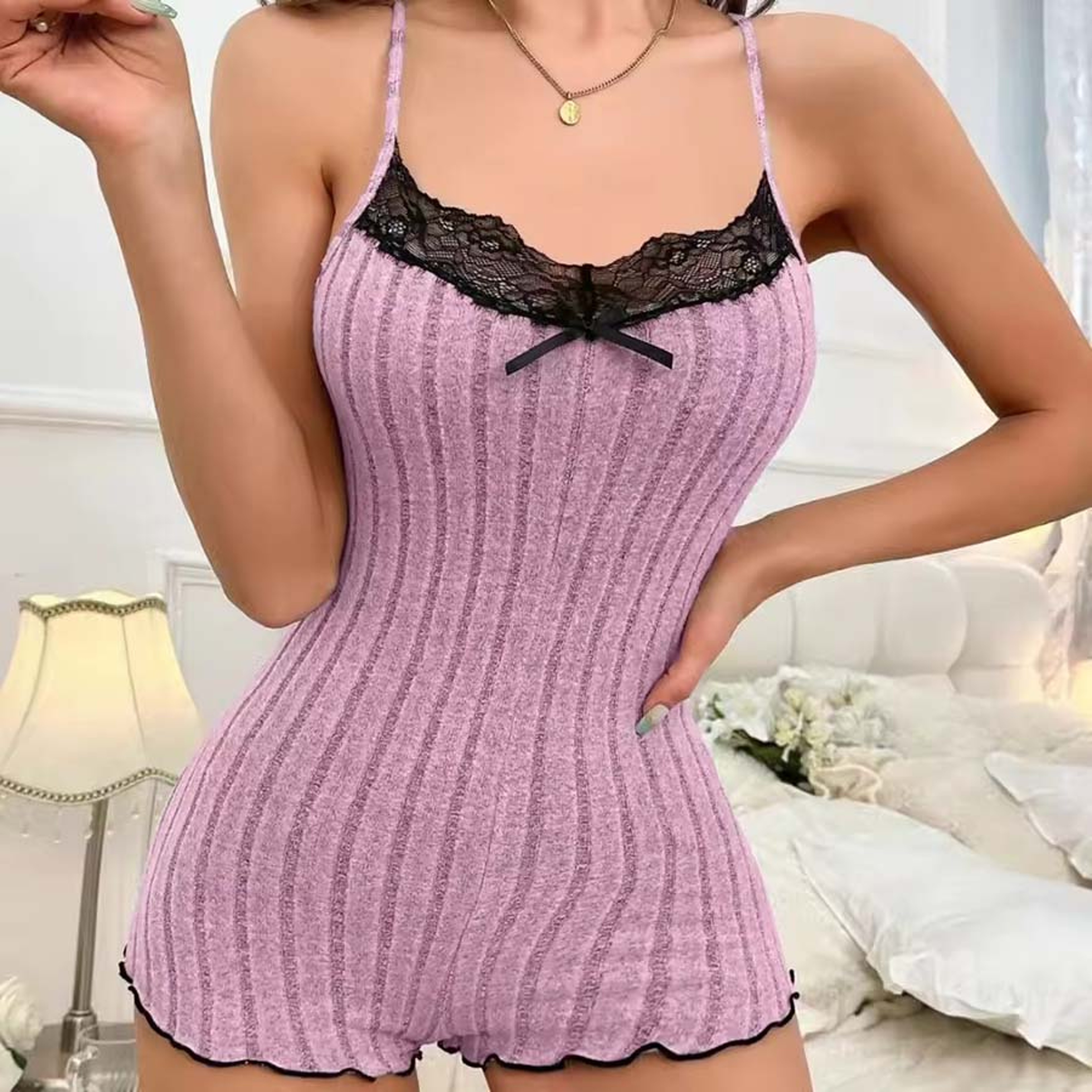Sexy Women's Suspenders Pajamas Set with Lace Trim and Bow Design, Sleeveless V-Neck Summer Sleepwear – view 2