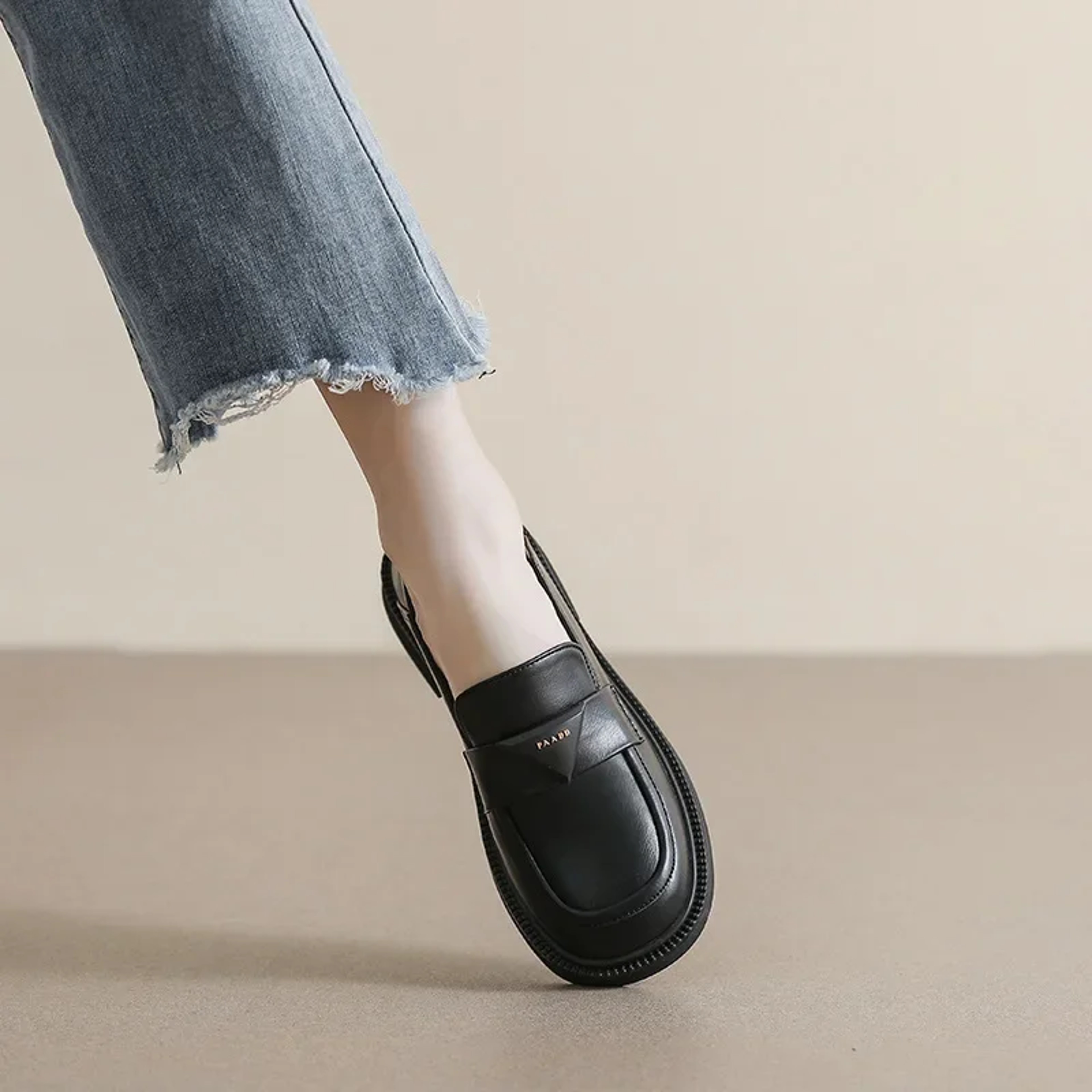 Black Womens Leather Loafers Mid Heel British Style Casual Shoes For Spring Office  Banquet Wear Fa 6