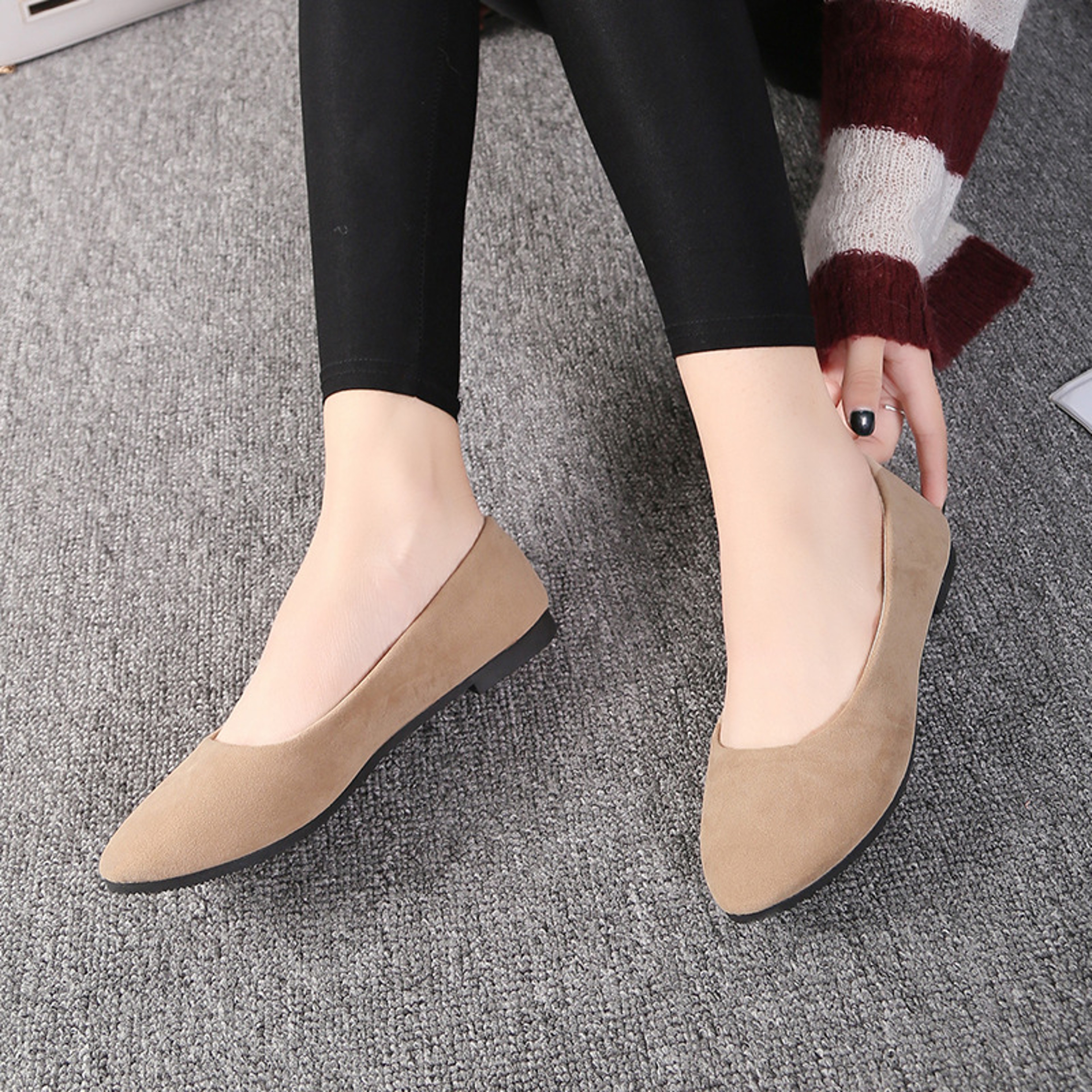 Spring Flock Ballet Flats Slip On Women Flats Shoes Candy Color Pointed Toe Female Loafers Large Si 7