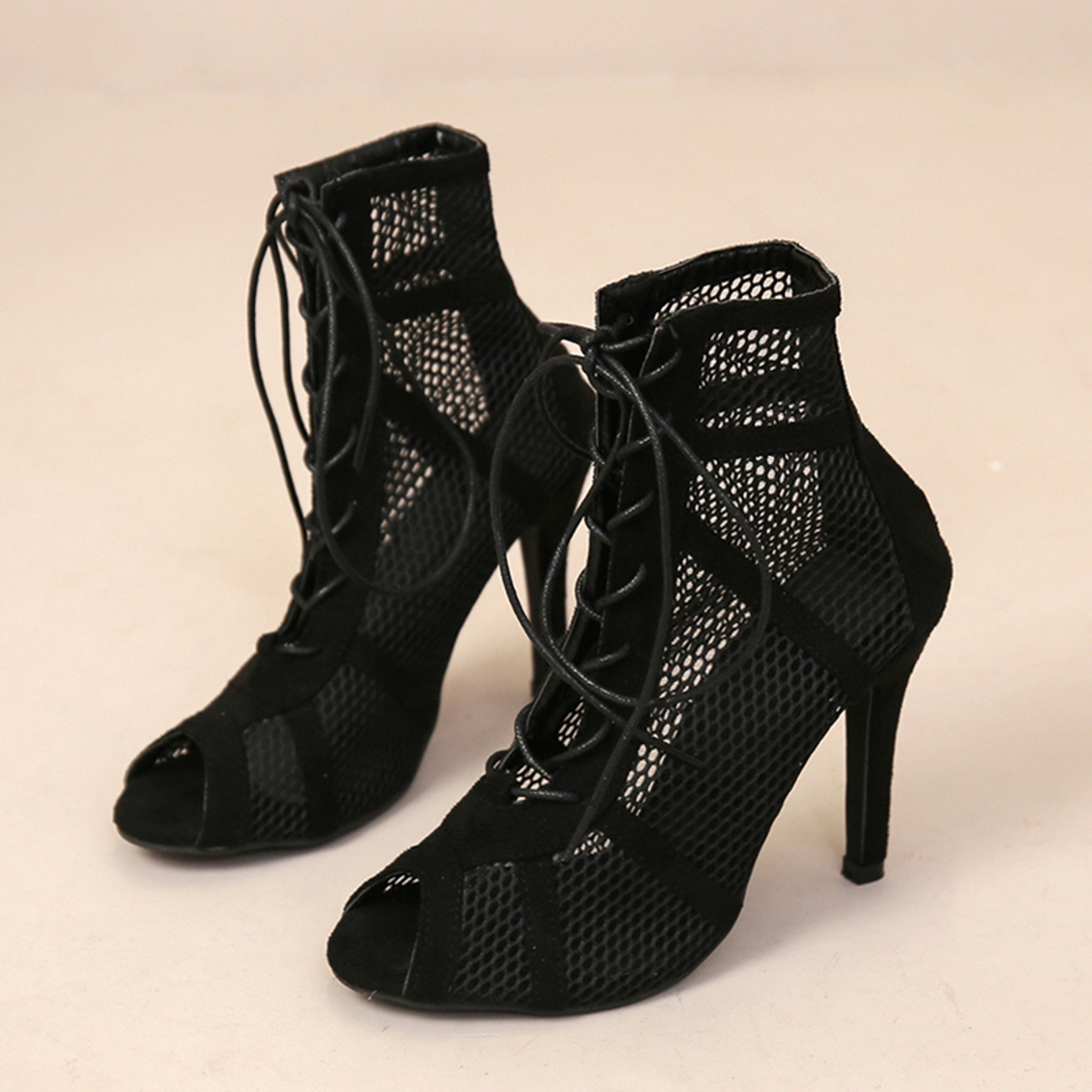 Sexy High Heels Hollow Mesh Sandals, Peep Toe Heeled Sandals for Women, Summer Cross-Tied Ankle Strap Dance Shoes – view 4