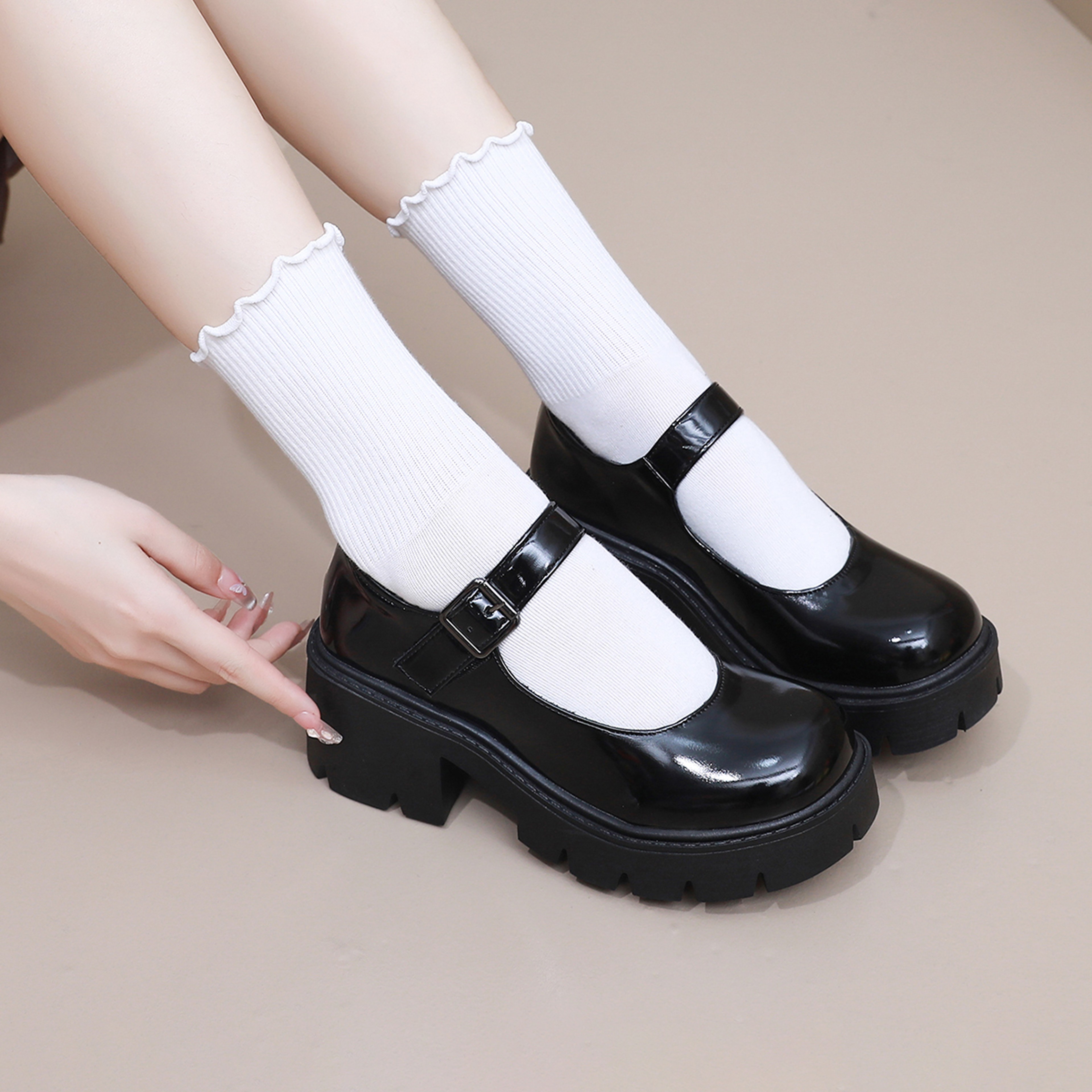 Women Lolita Shoes PU Leather Platform Mary Janes Vintage Chunky Heels Pumps Japanese Style Heels F 4