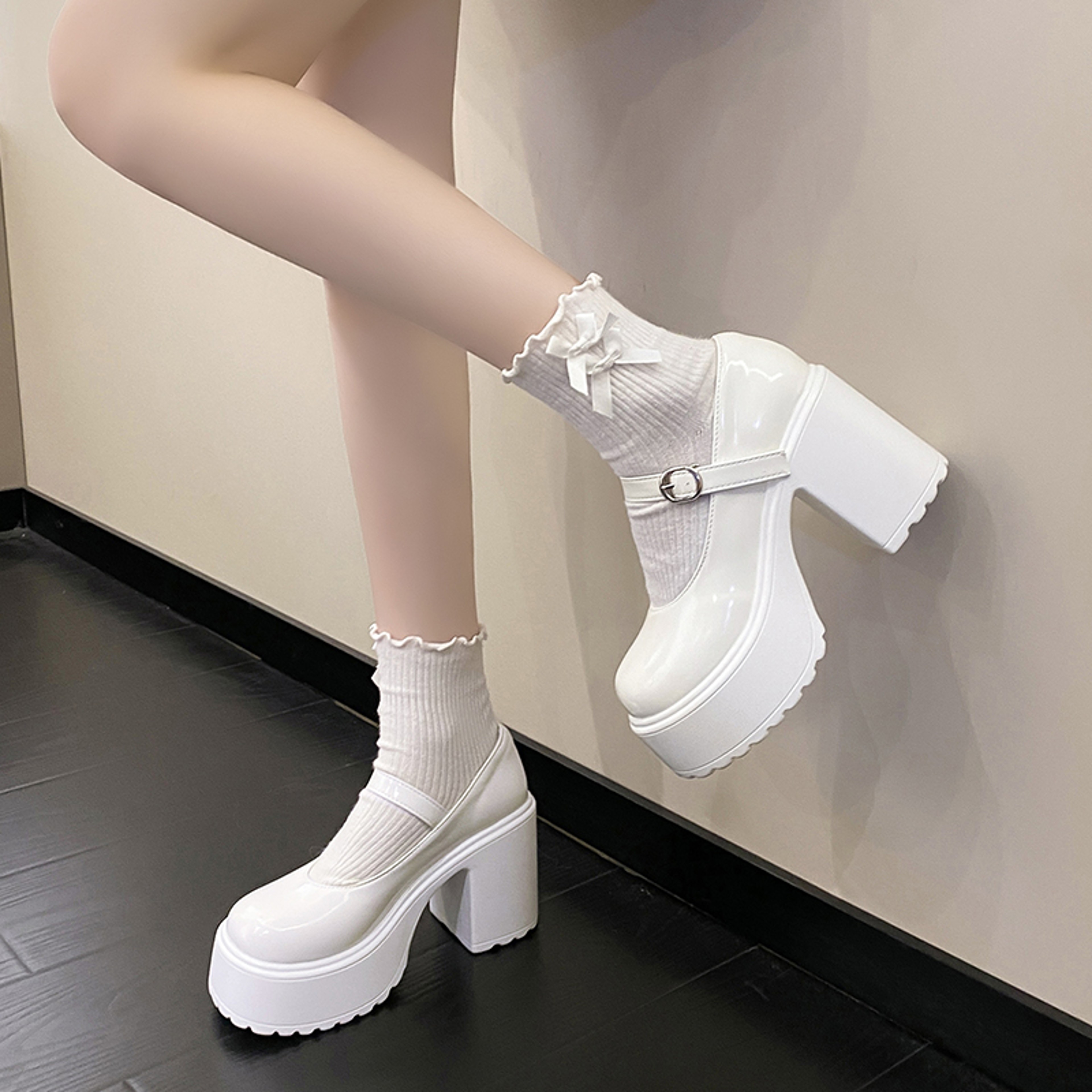 Womens Chunky Platform High Heels Autumn PU Leather Ankle Buckle Mary Jane Pumps Thick Heeled White 4