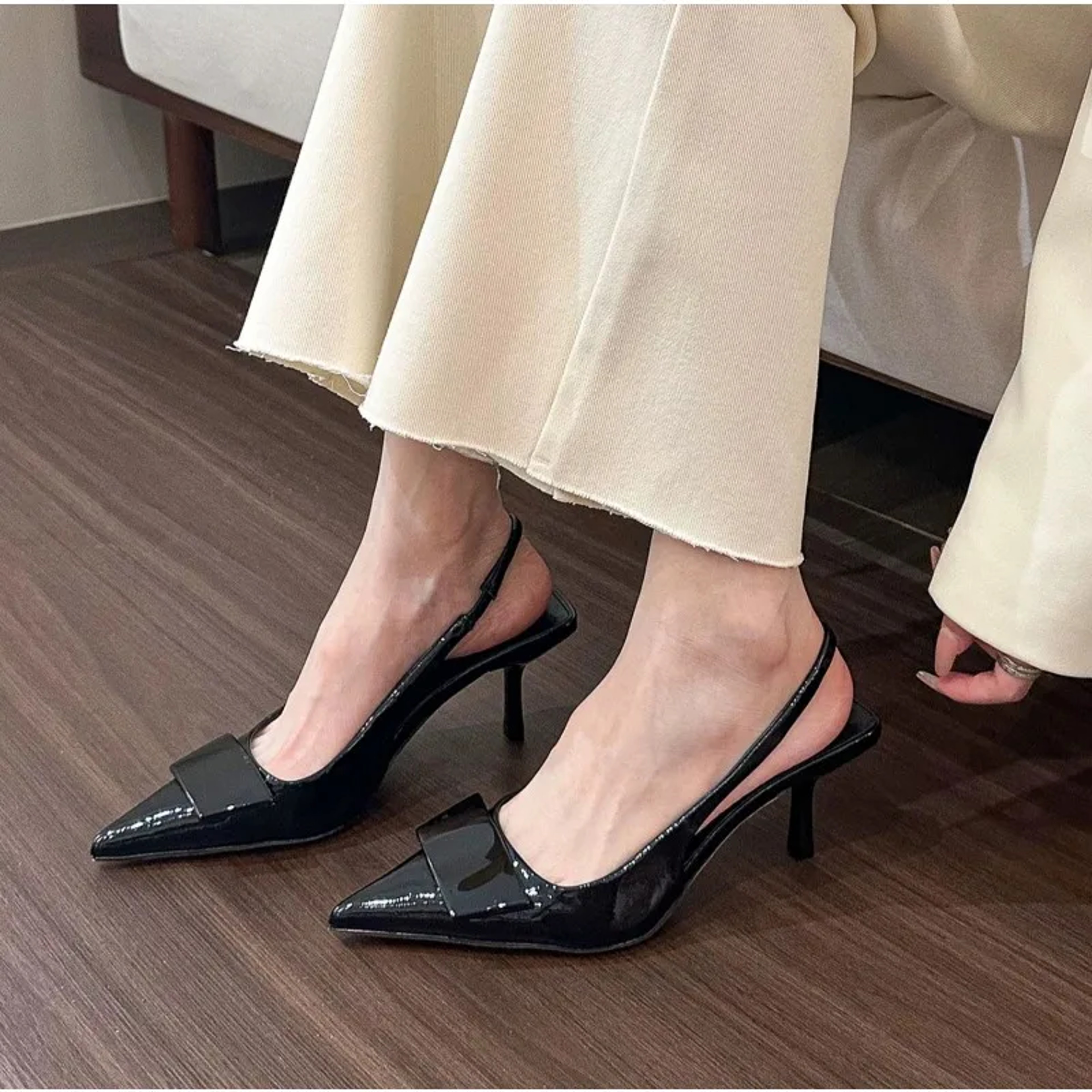 Pointed Toe Fashion Square Buckle Sandals Pumps For Women Temperament Slingback High Heels 4