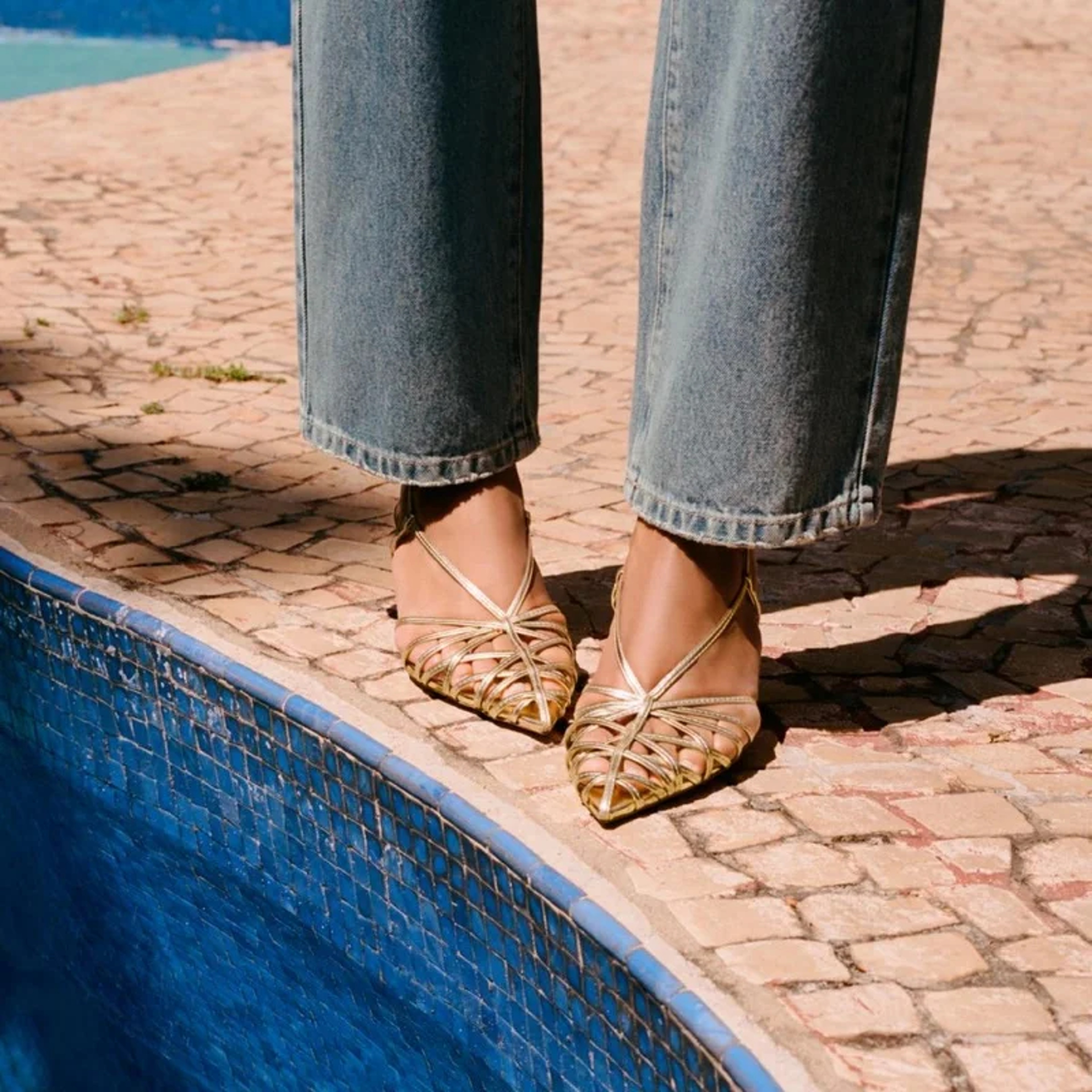 Fashion Narrow Strap Hollow Thin Heels, Luxury Gold Brand Heels Women, Sexy Pointed Toe Slingbacks High Heel Sandals – view 5