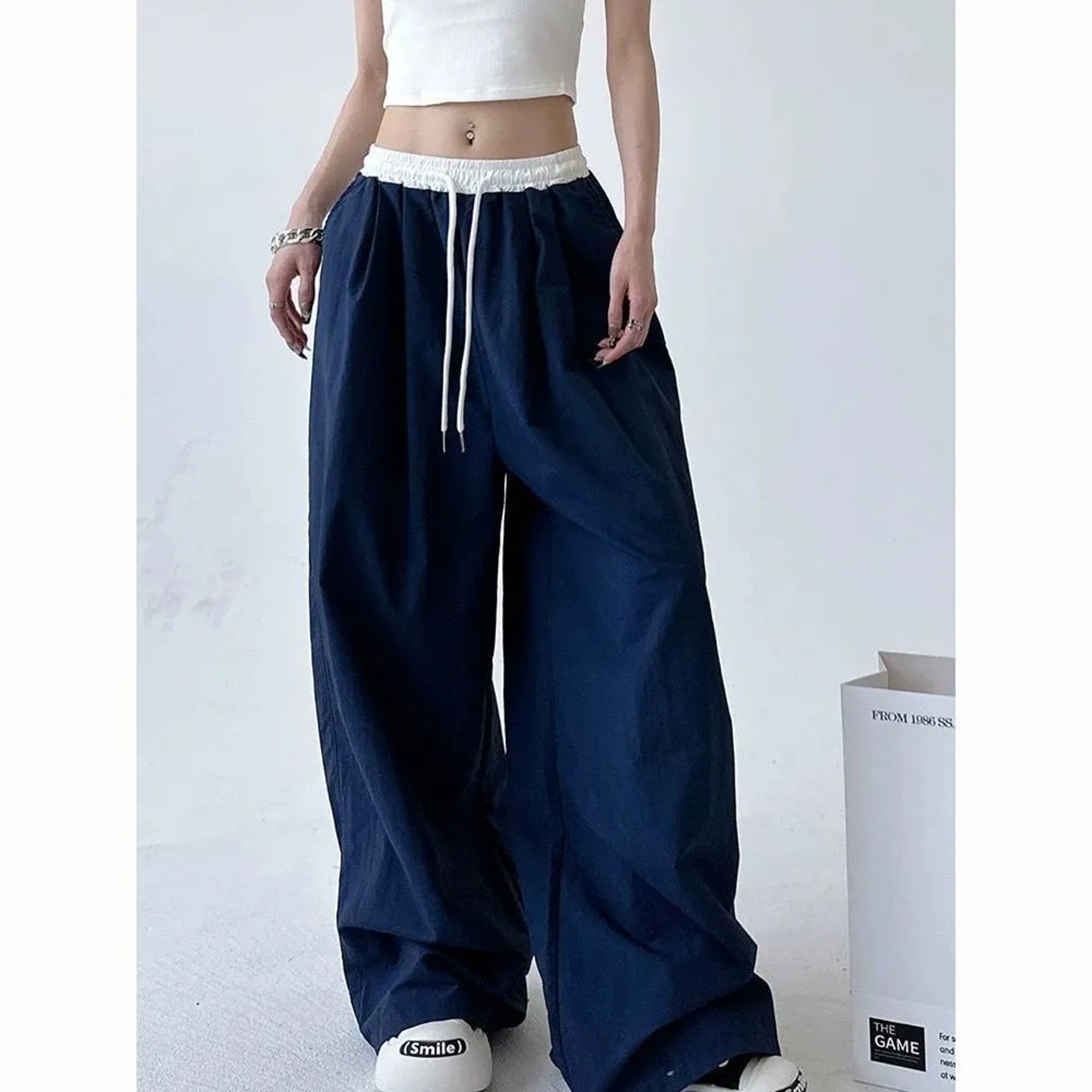 High Street Women's Wide Leg Pants, Drawstring Cargo Pants, Hip Hop Lady's Summer Trousers, Stylish Female Trousers – view 1