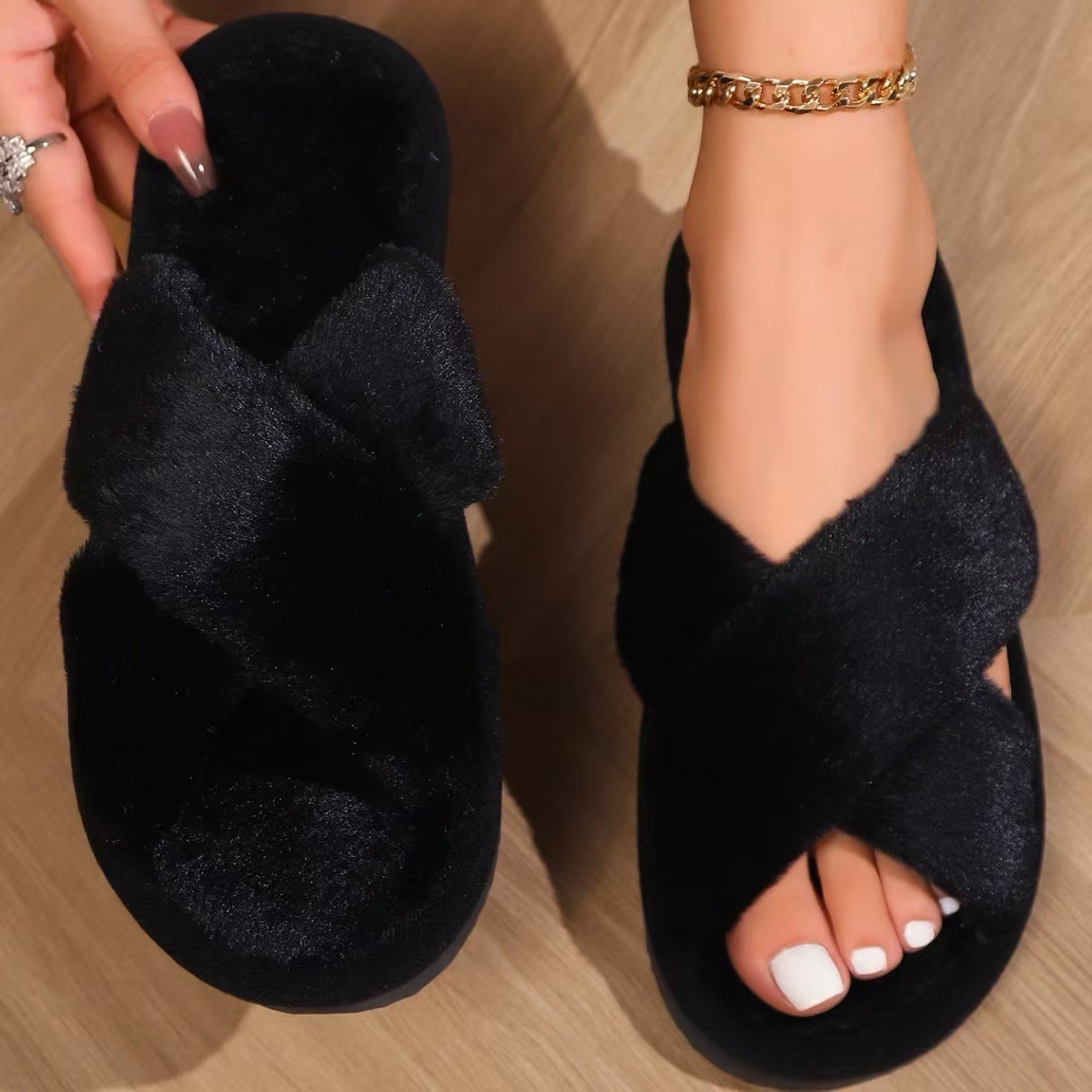 Sexy EVA Light Flip Flops Popular Cross Furry Slippers Female Fluffy Slides Autumn Winter Outdoor F 11