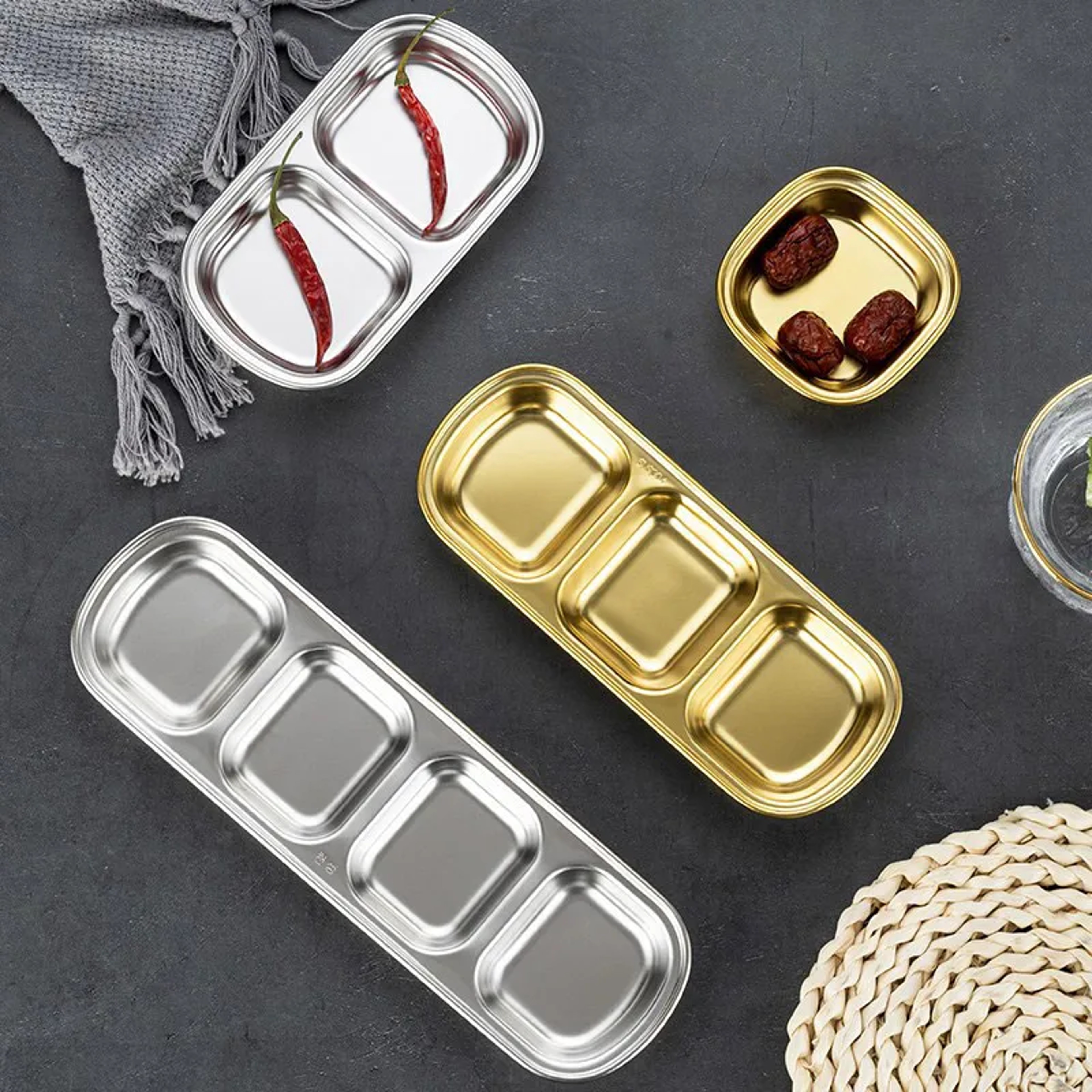 Gold Stainless Steel Seasoning Dish Hot Pot Dipping Bowl Square Soy Sauce Dish Barbecue Snack Plate 7