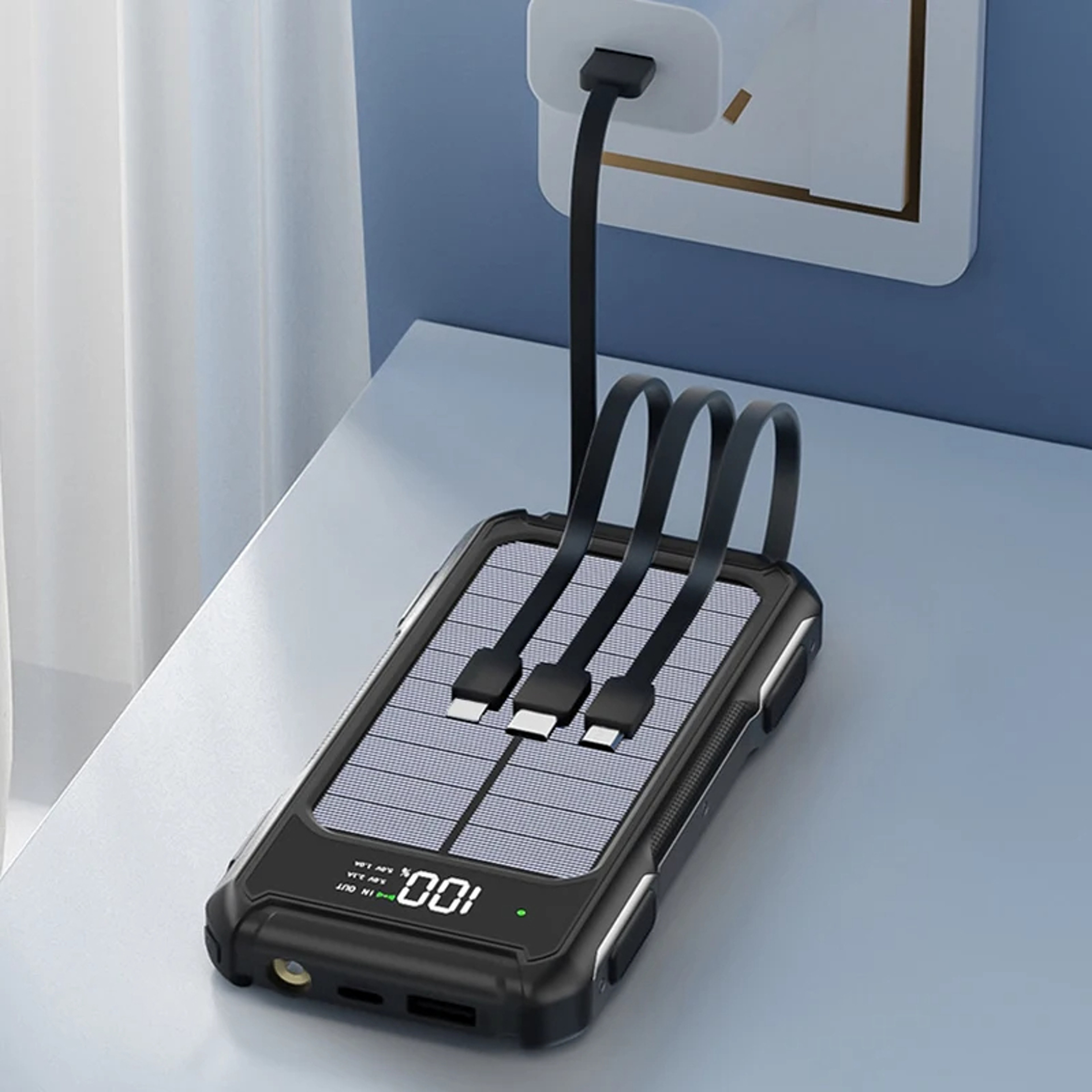 Solar Power Bank Large Capacity Built In Cables Intelligent Digital Display Laser Light For Samsung 6