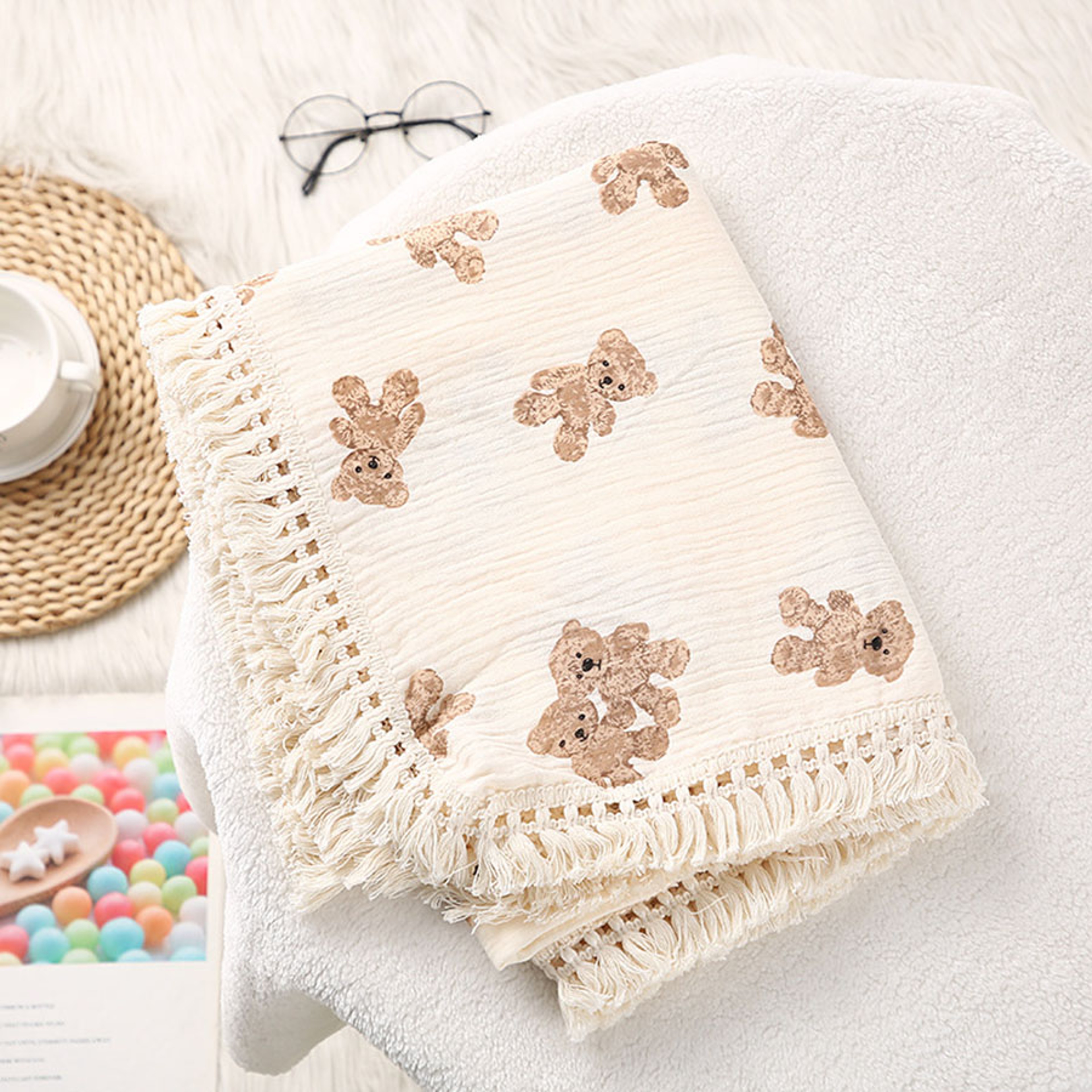 Cotton Baby Blanket for Newborn, Cute Bear Muslin Squares, Plaid Infant Swaddle Blanket, Summer Comforter for Babies – view 6