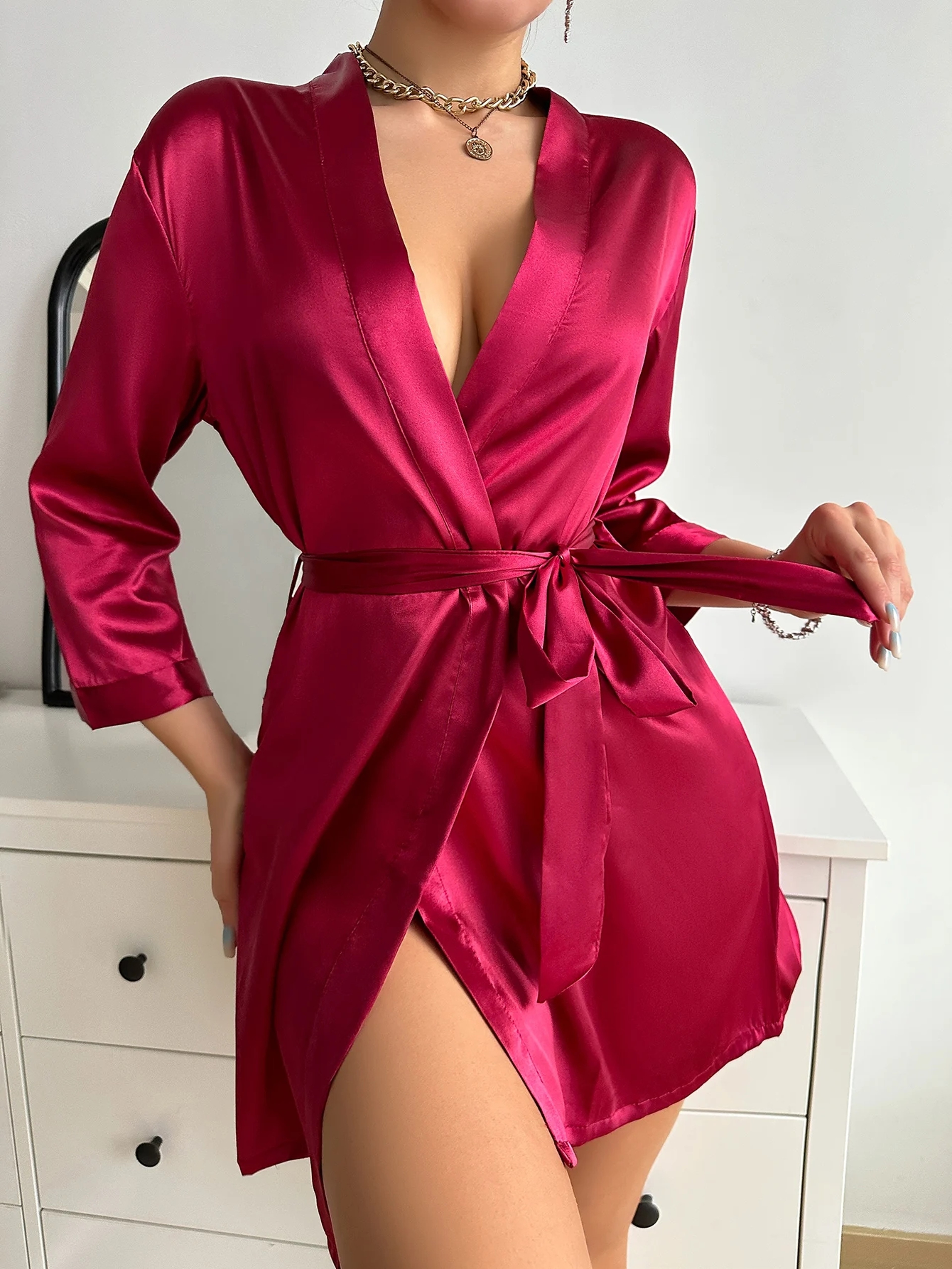 Long Sleeve V Neck Solid Satin Night Robe With Belt Womens Sleepwear For Comfort 1