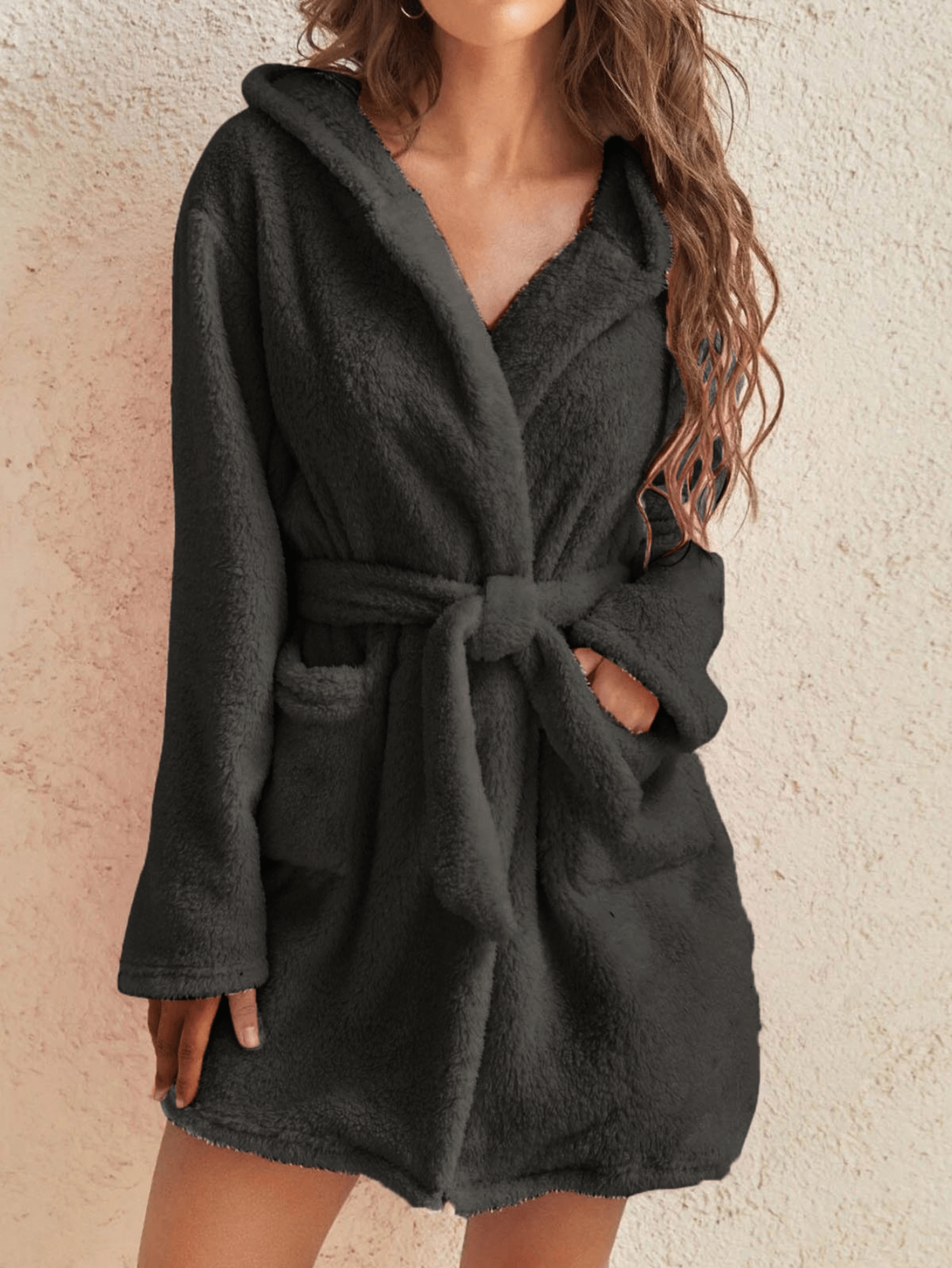 Cozy And Warm Womens Solid Color Hooded Robe With Belt Fleece Pajamas For Home Wear In Autumn And W 5