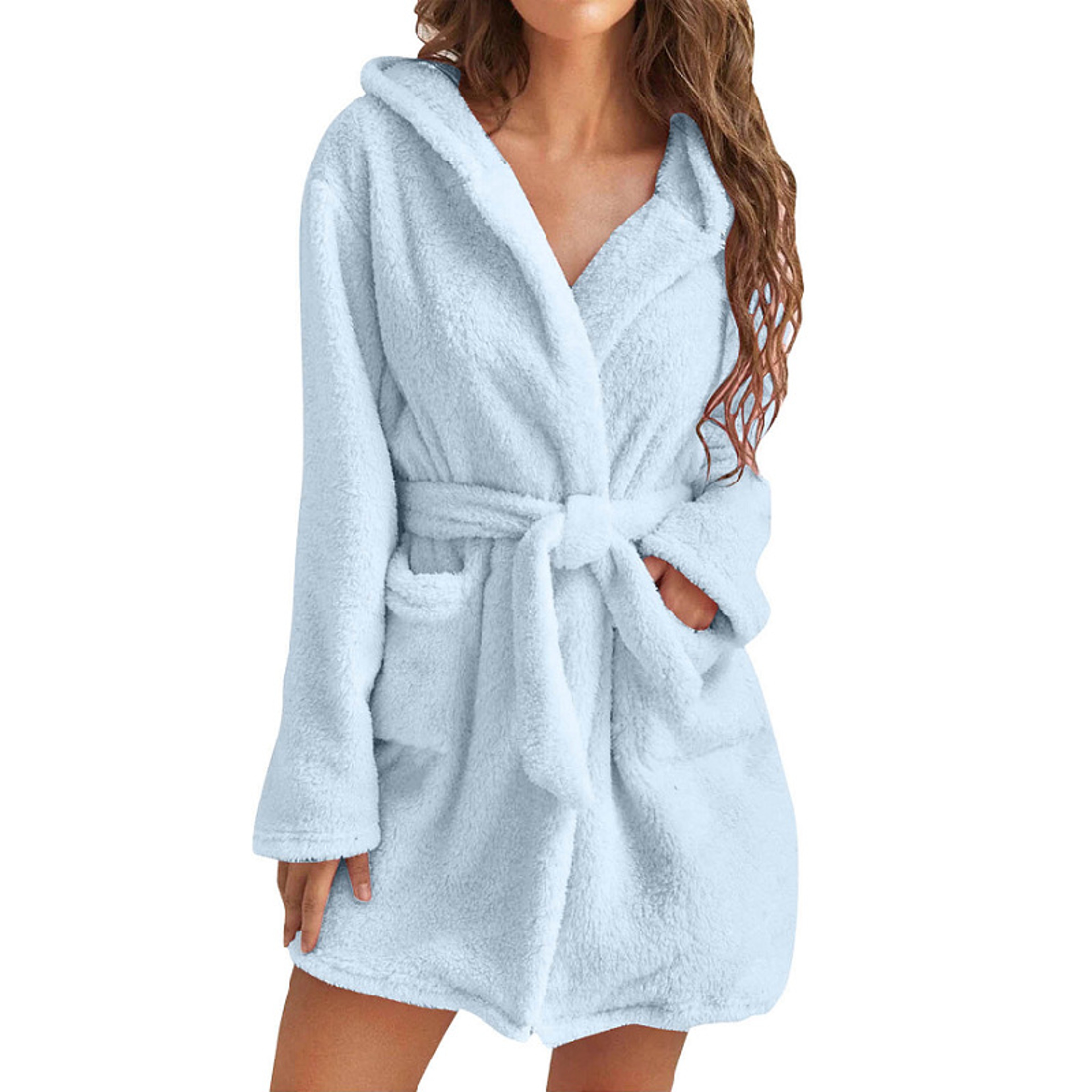 Fluffy Plush Winter Women Bath Robe Sexy Hooded Dressing Gown Solid Color Warm Bathrobe Ladies Fema 6