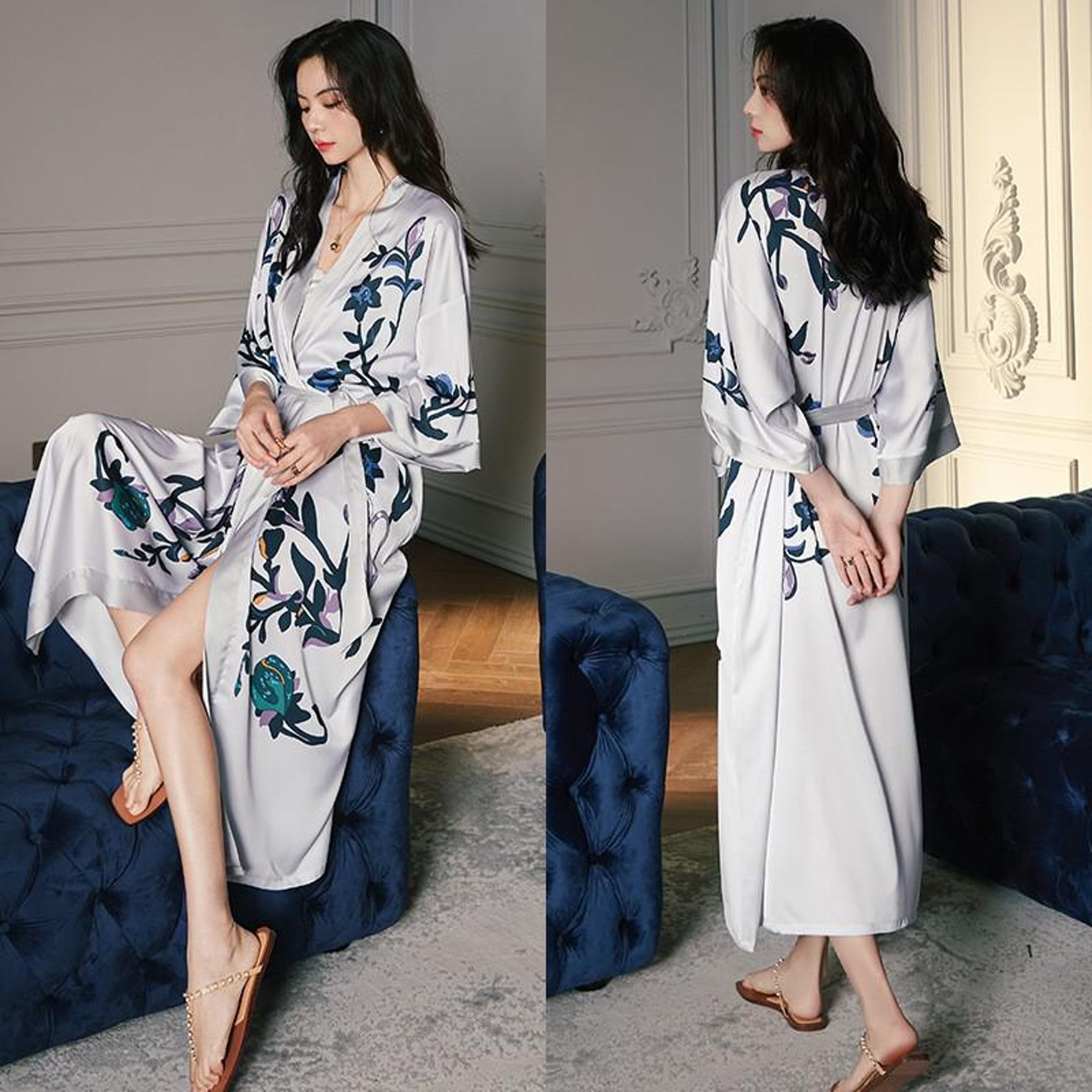 Sexy Black Print Flower Long Robe Nightgown Summer Kimono Bathrobe Gown Rayon Half Sleeve Women Lou 15