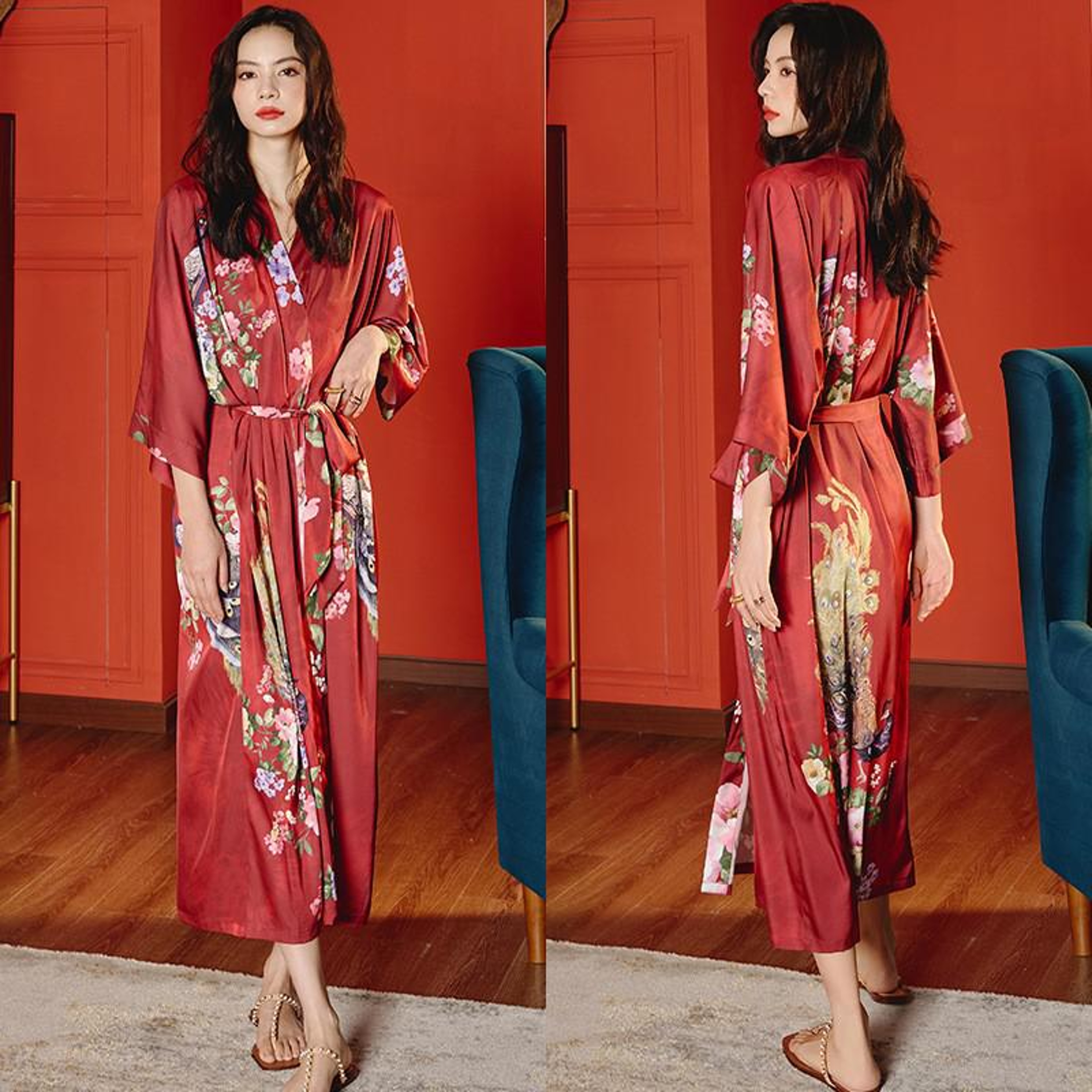 Sexy Black Print Flower Long Robe Nightgown Summer Kimono Bathrobe Gown Rayon Half Sleeve Women Lou 16