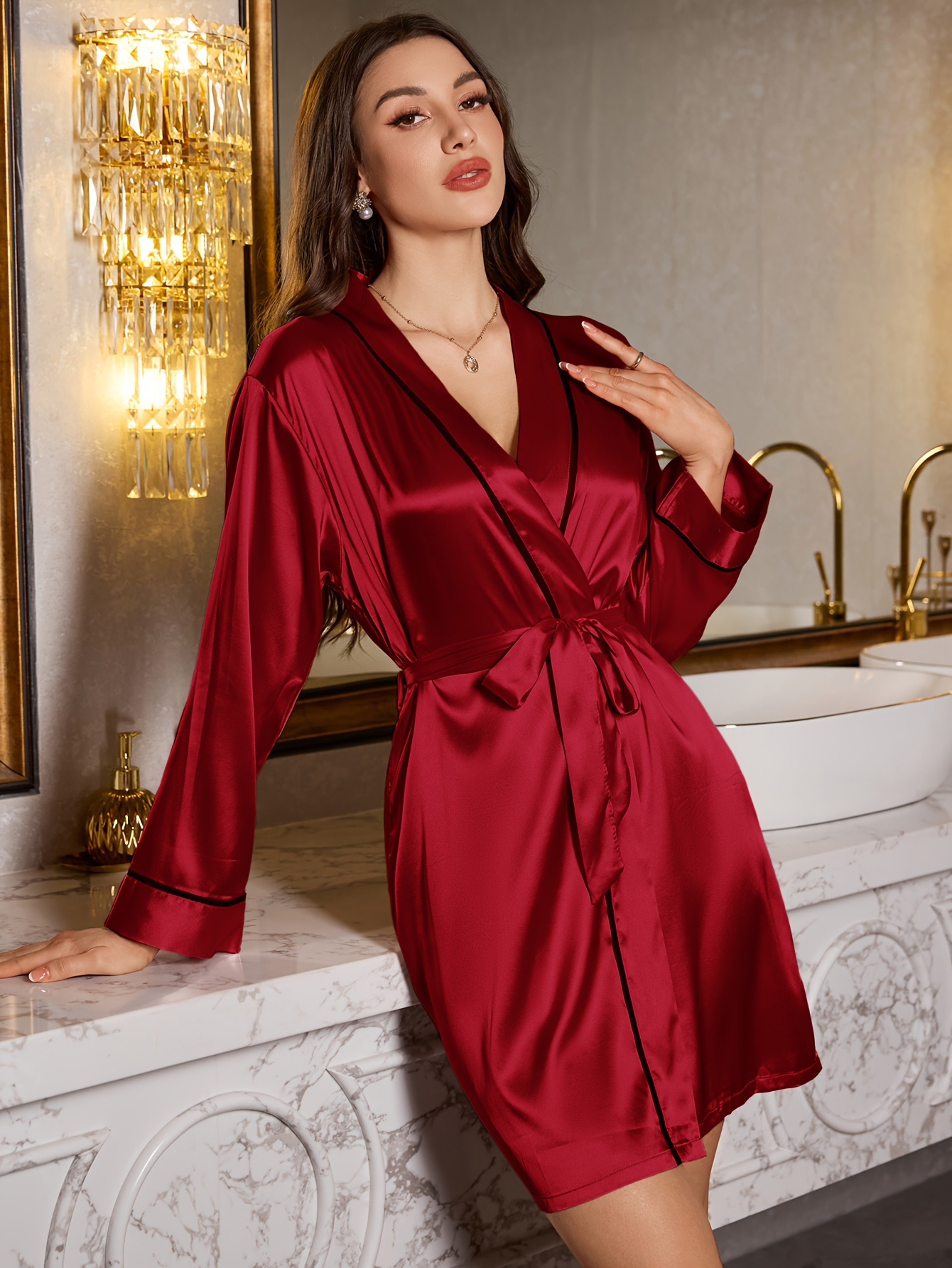 Womens Elegant Romantic Short Nightgown Solid Color Soft Silk Pajamas Belted Robe For Home Comfort 0