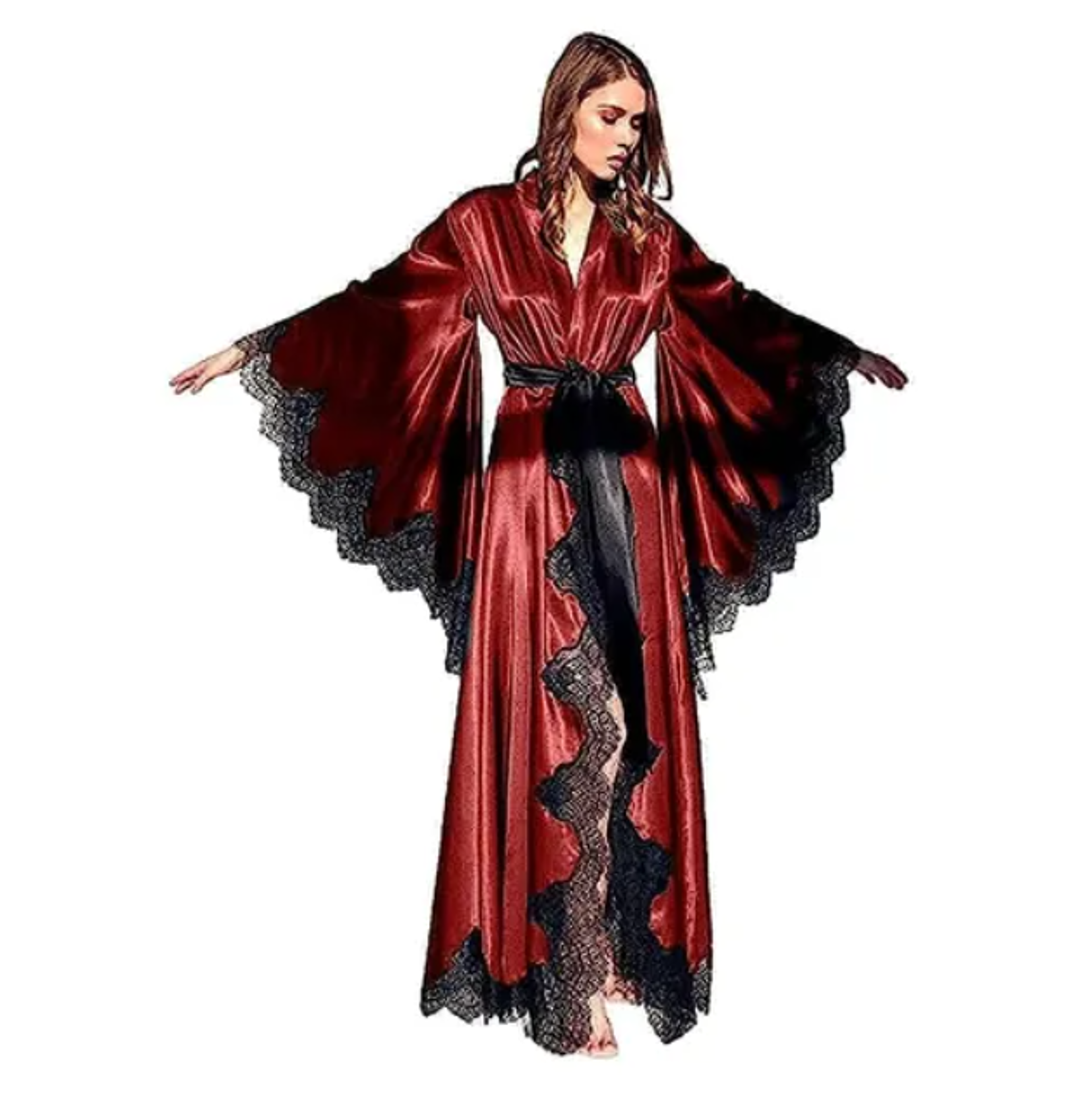 Pure Long Black Silk Satin Kimono Pajamas Women Robes Sleepwear With Lace Trim Wedding Bride Gown P 2