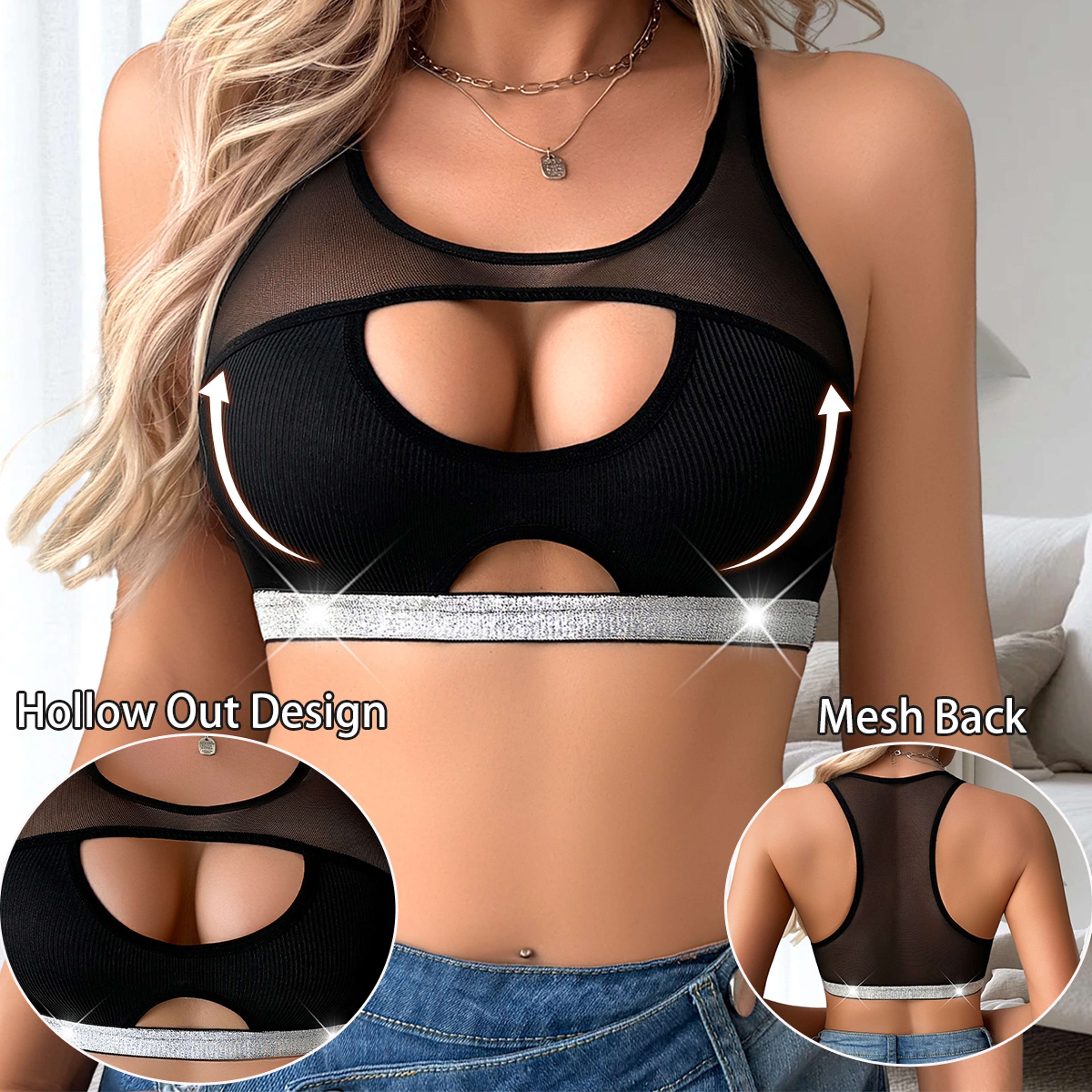 Hollow Out Fashion Style Sexy Womens Bra WireFree Camisole Ribbed Mesh Patchwork No Pad Female Unde 5