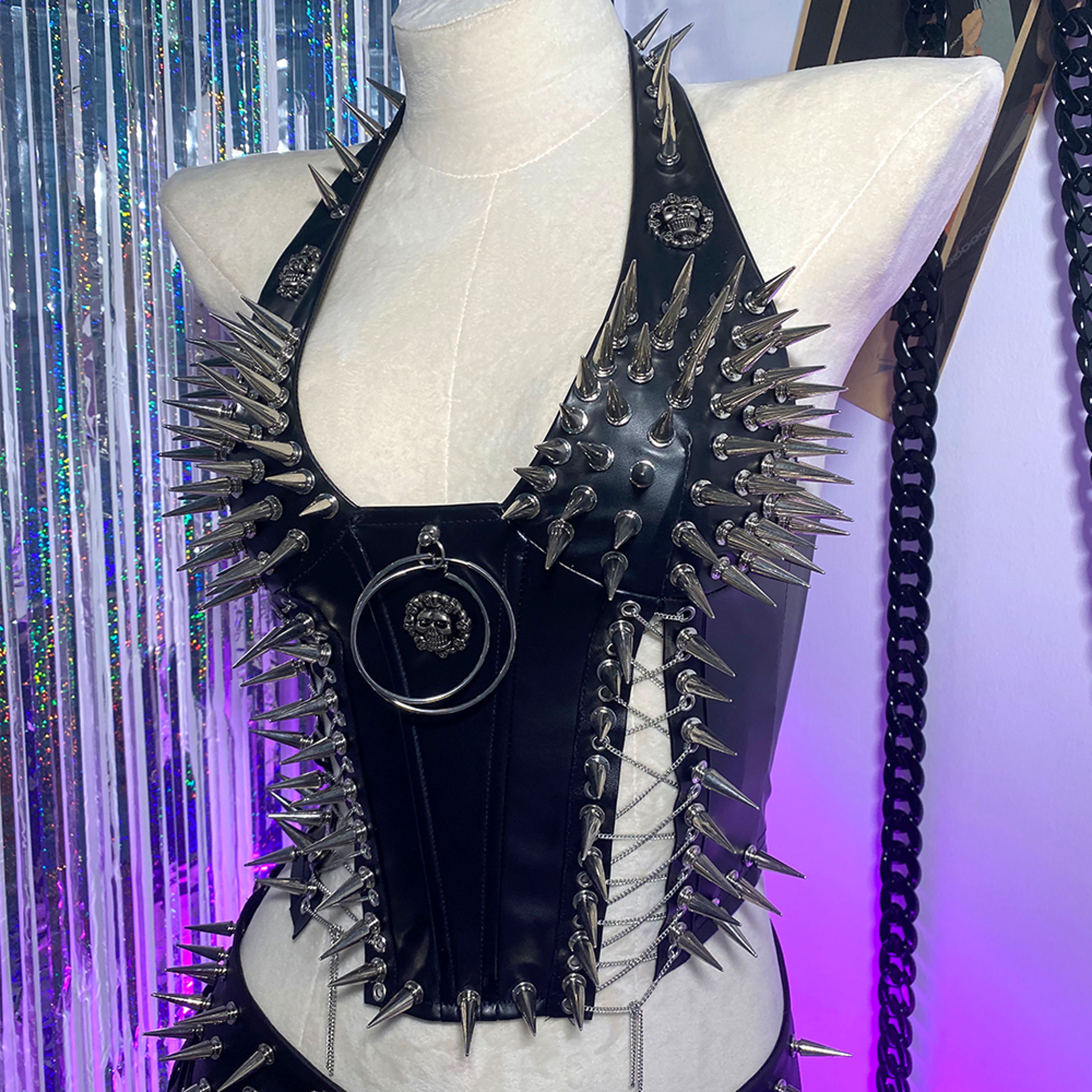 Gothic Bustier Y2K Punk Studded Crop Top Vegan Leather Goth Clothes Skull Grunge Emo Tank 1