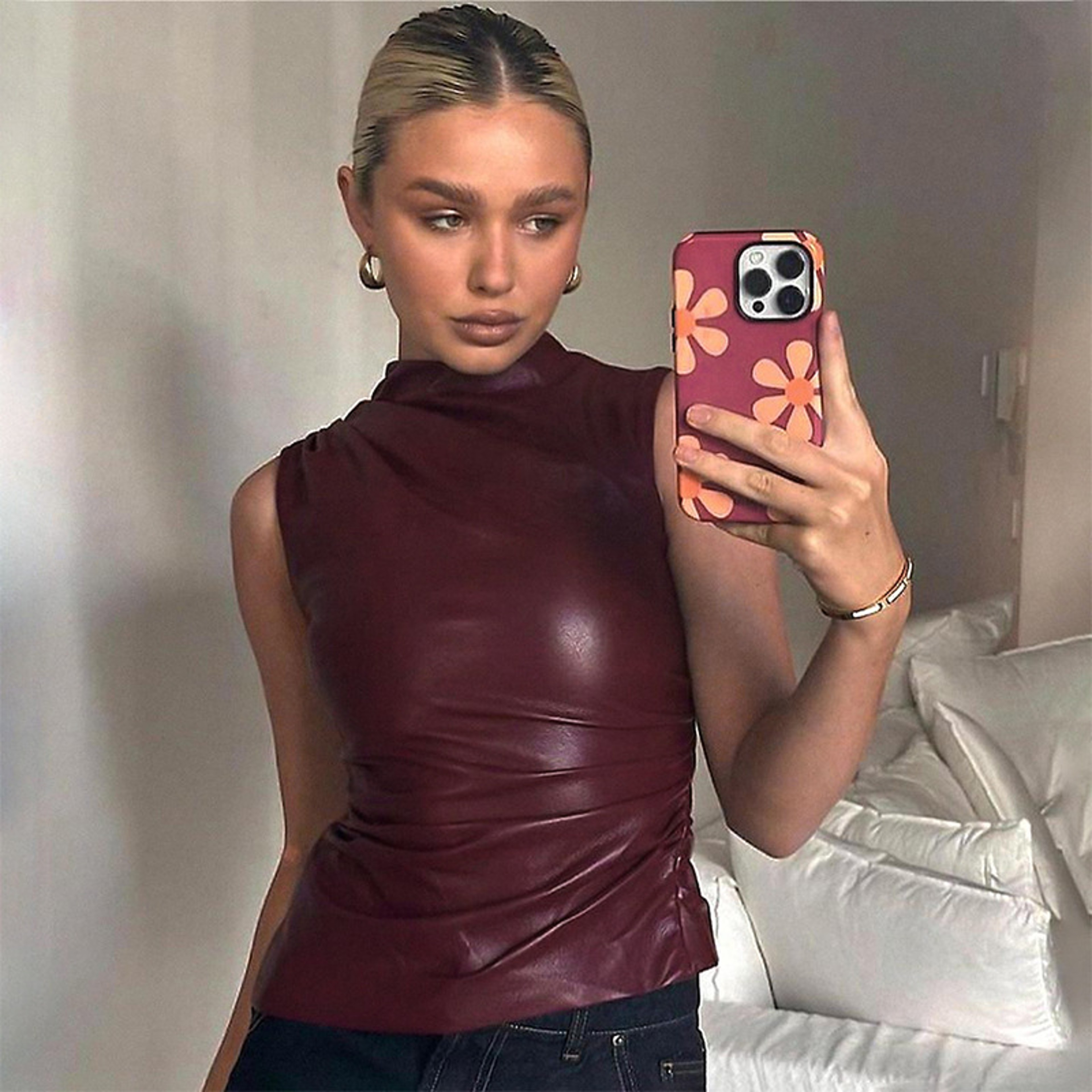 Women Vintage PU Simple Tank Top High Waist Skinny Shrunk Slash Cut Sleeveless Shirts 0
