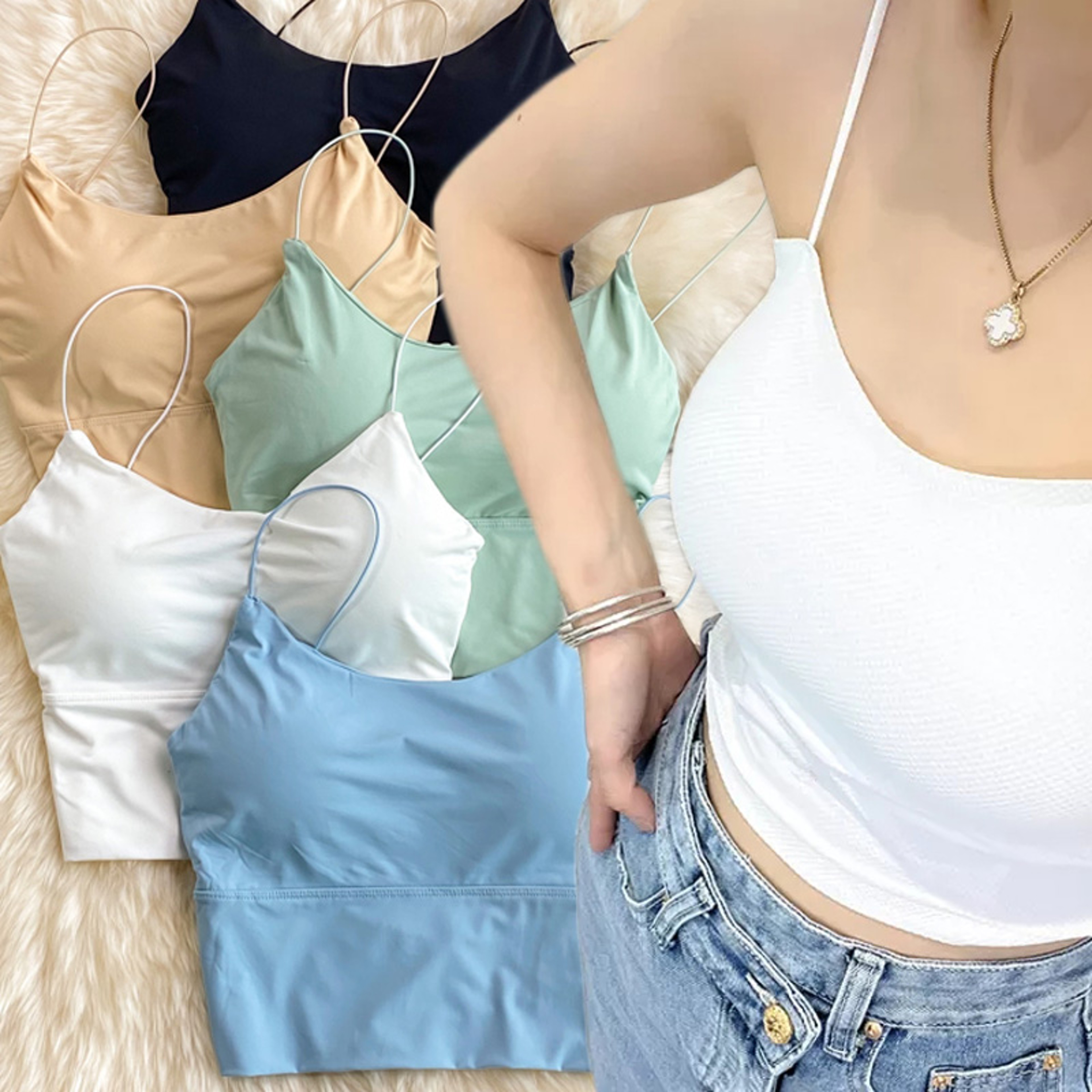 Ice Silk Summer Bra Crop Tops Sexy Sports Spaghetti Strap Vest Built In Bra Off Shoulder Sleeveless 0