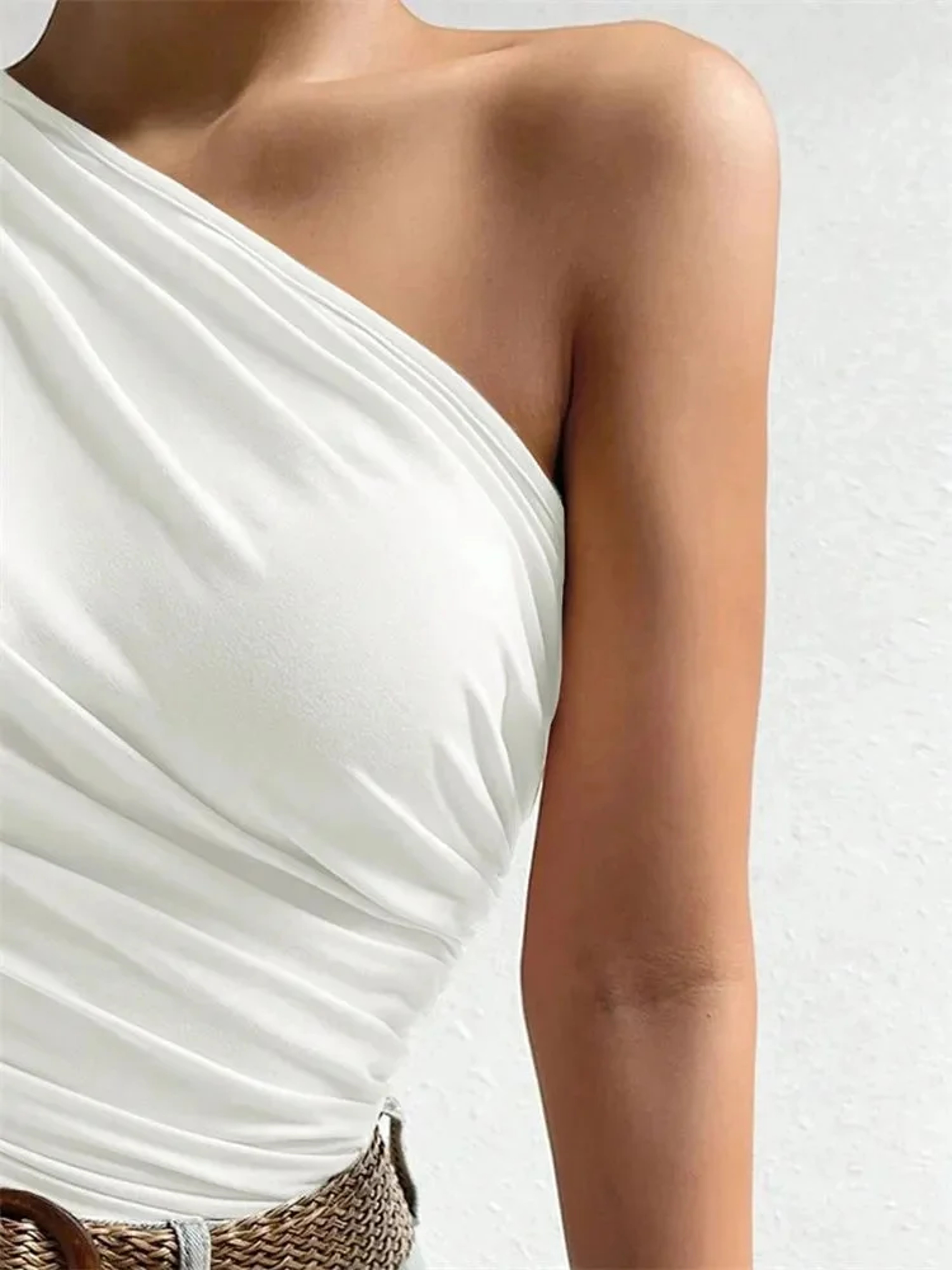 Summer One Shoulder Pleated Tank Top Women Solid Sleeveless Tshirt Off The Shoulder Ruched Streetwe 7