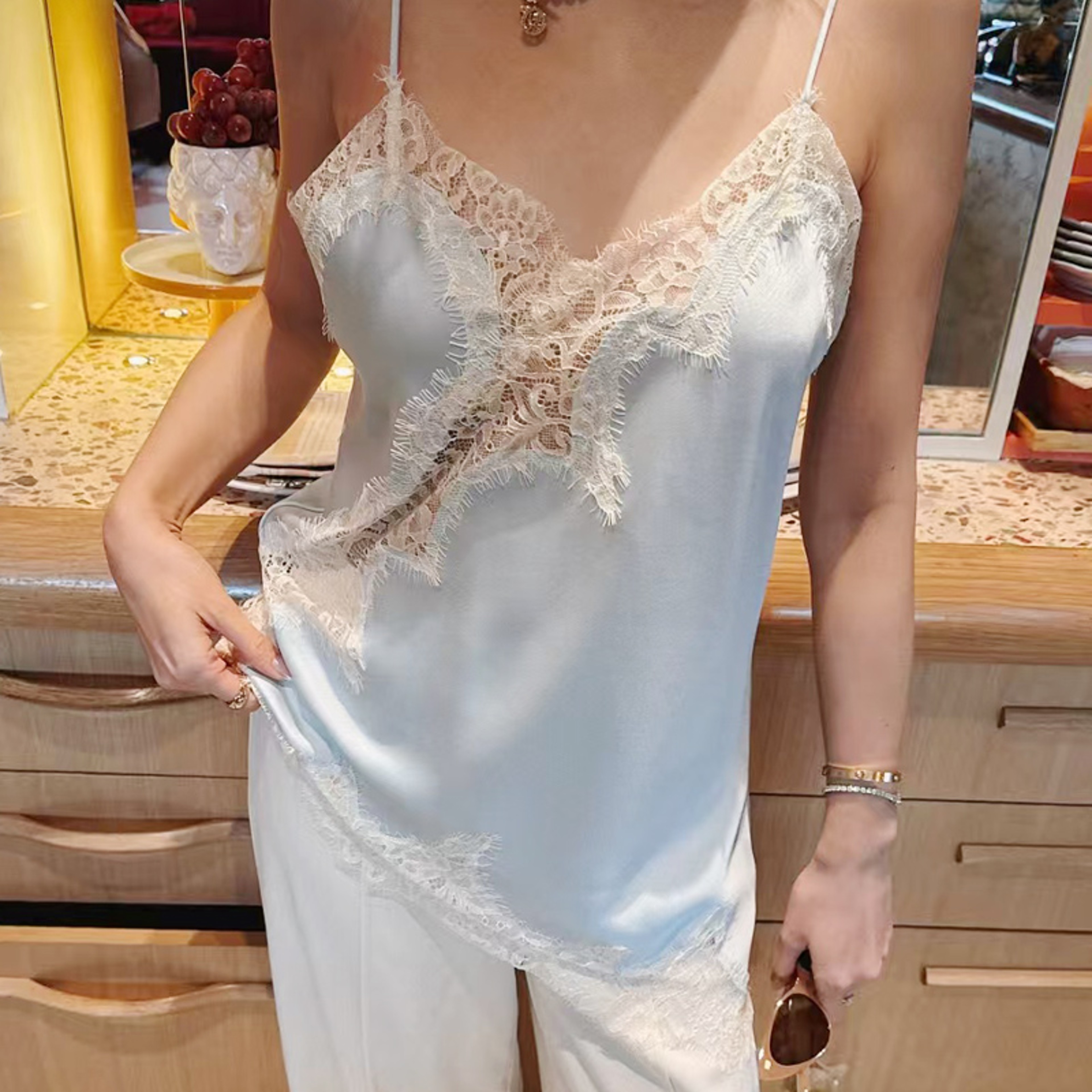 Sexy Asymmetrical Slip Lace Top Satin Off Shoulder Sleeveless Women Sexy Tanks  Cami 5