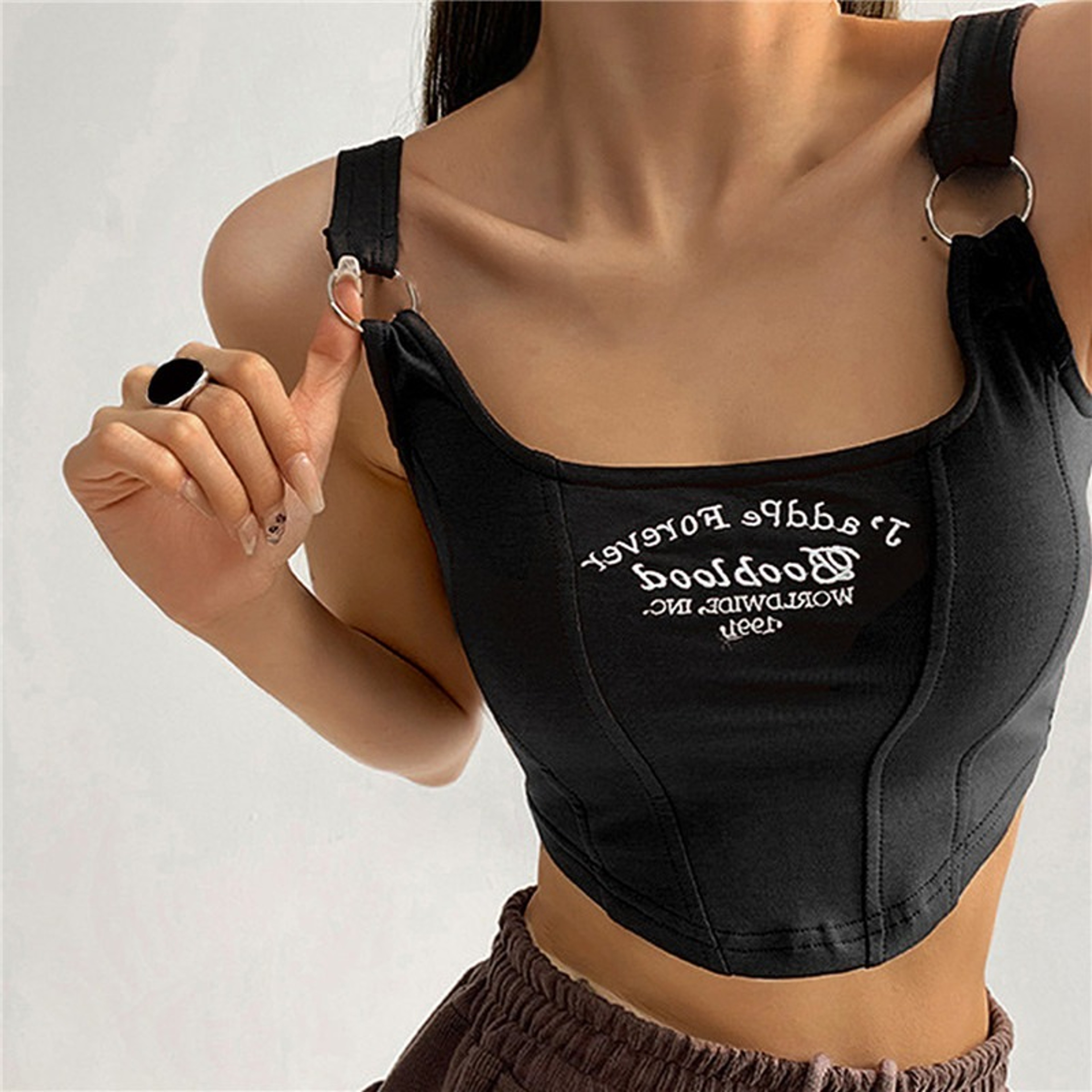 Casual Camis Women Embroid Letter Tank Tops Bra Pad Crop Tops For Women Shoulder Belt Iron Ring Tan 0