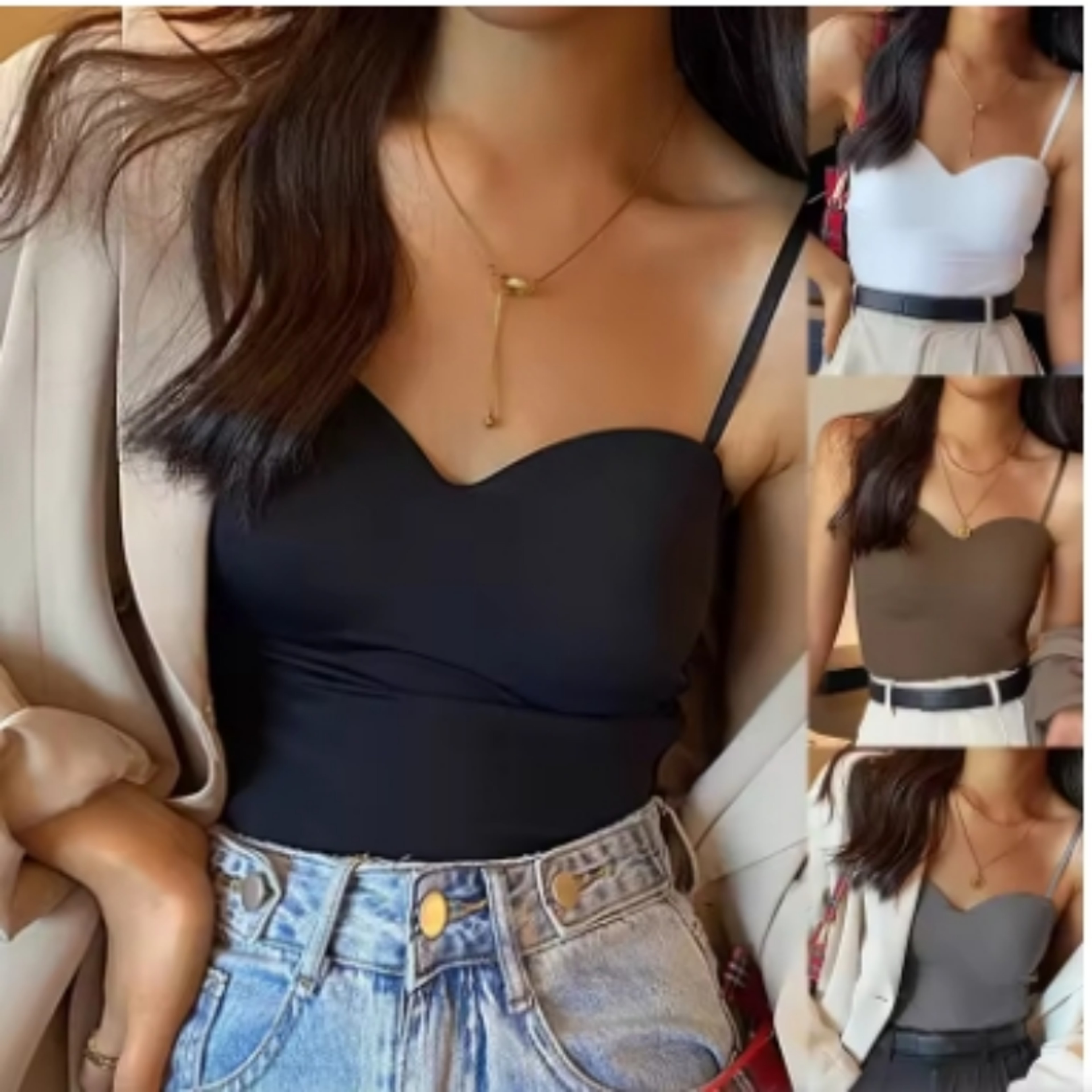 New Solid Color Womens White Top Sleeveless Camisole Tank Top Thin Straps With Cups Summer Ice Silk 0