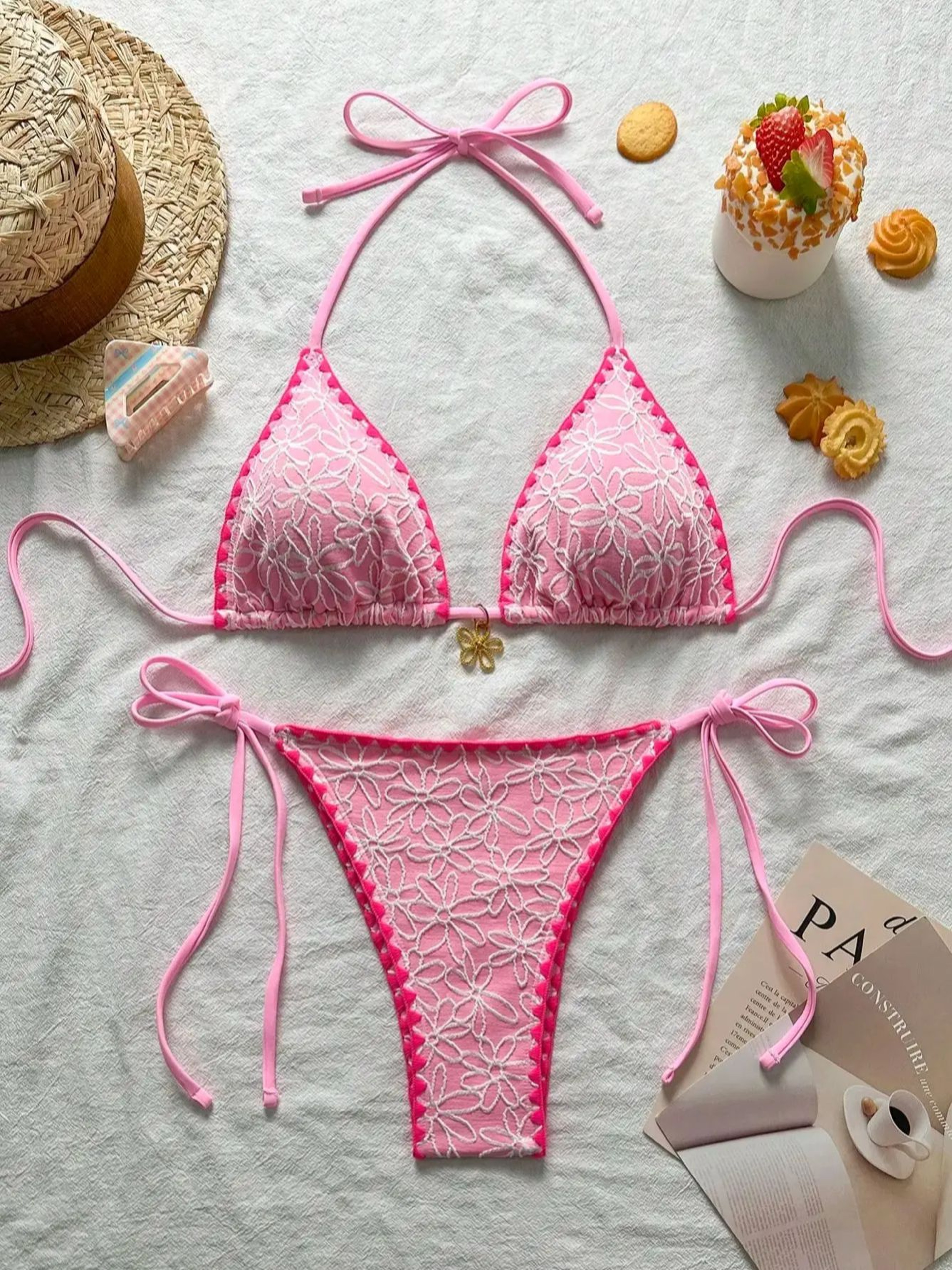 Floral Print Bikini Set, Trendy Textured Fabric, Halter Tie-Neck, Contrast-Trimmed Edges & Side-Tie Thong – view 6