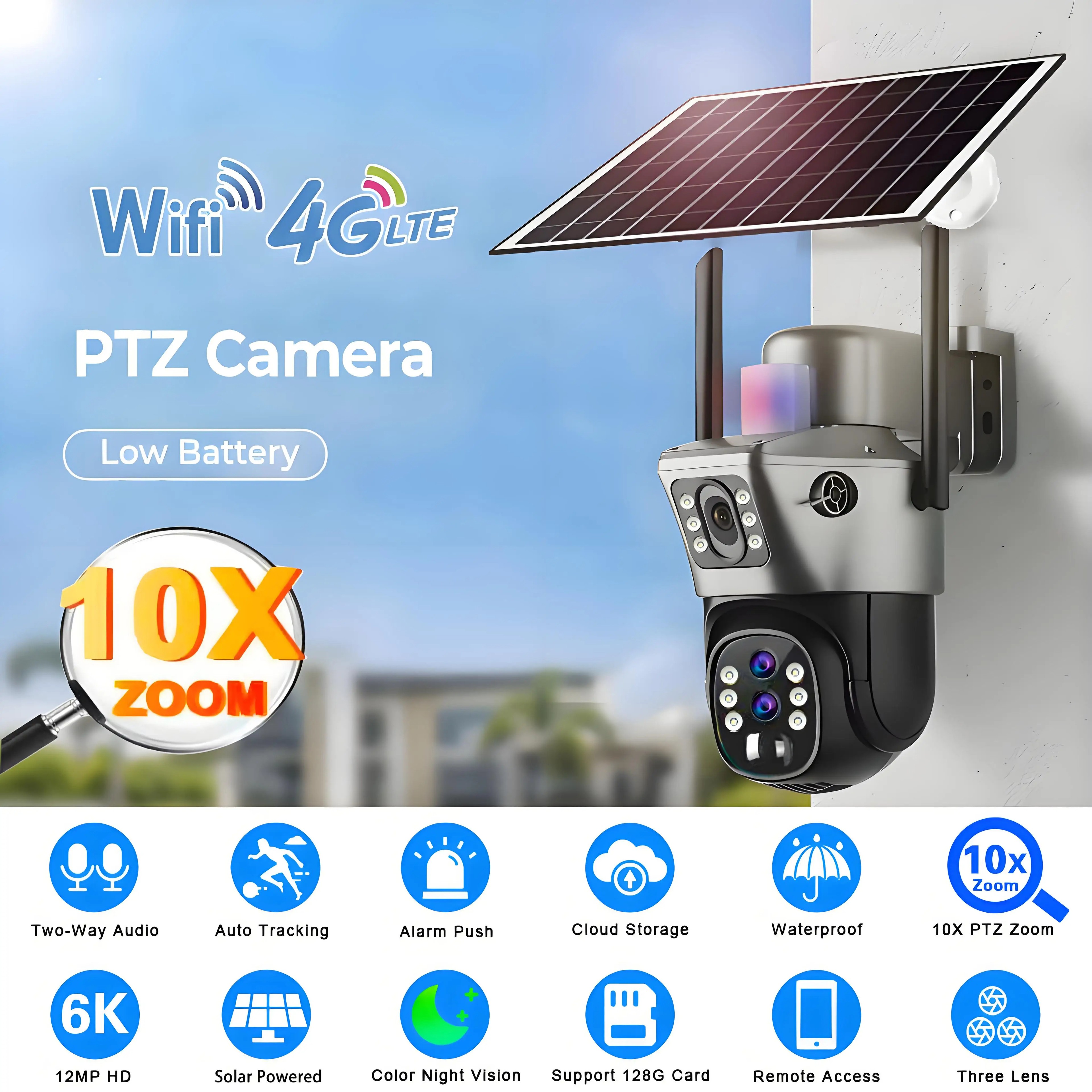Solar Outdoor Surveillance Camera 4G Sim 6K 12MP Three Lens 10 Digital Zoom Wireless Cctv PTZ IP66 Security Solar Panel – view 1