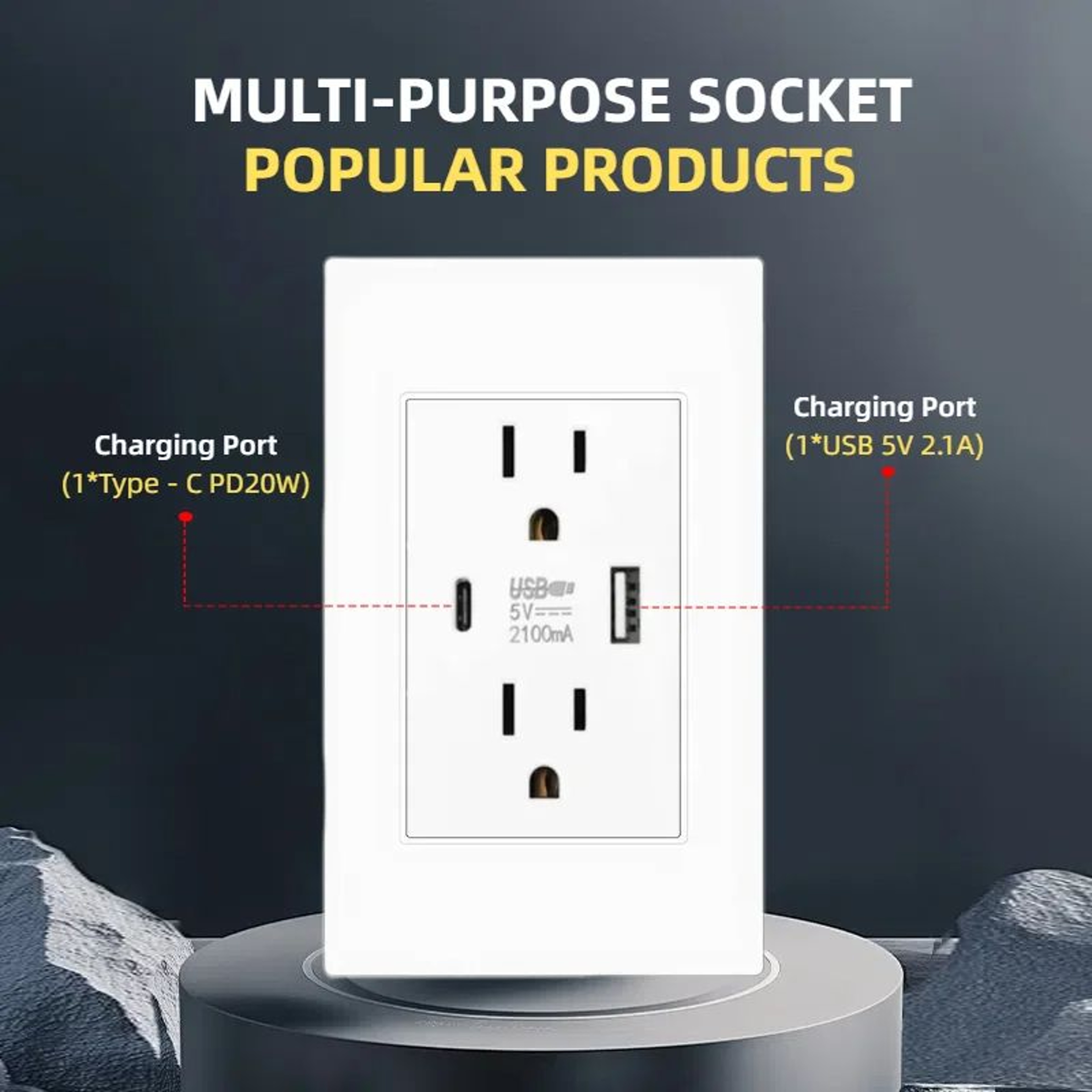 Eiomr US Standard Wall Socket With USB TypeC Charging Port 5V Fireproof PC Panel Power Outlet For H 3