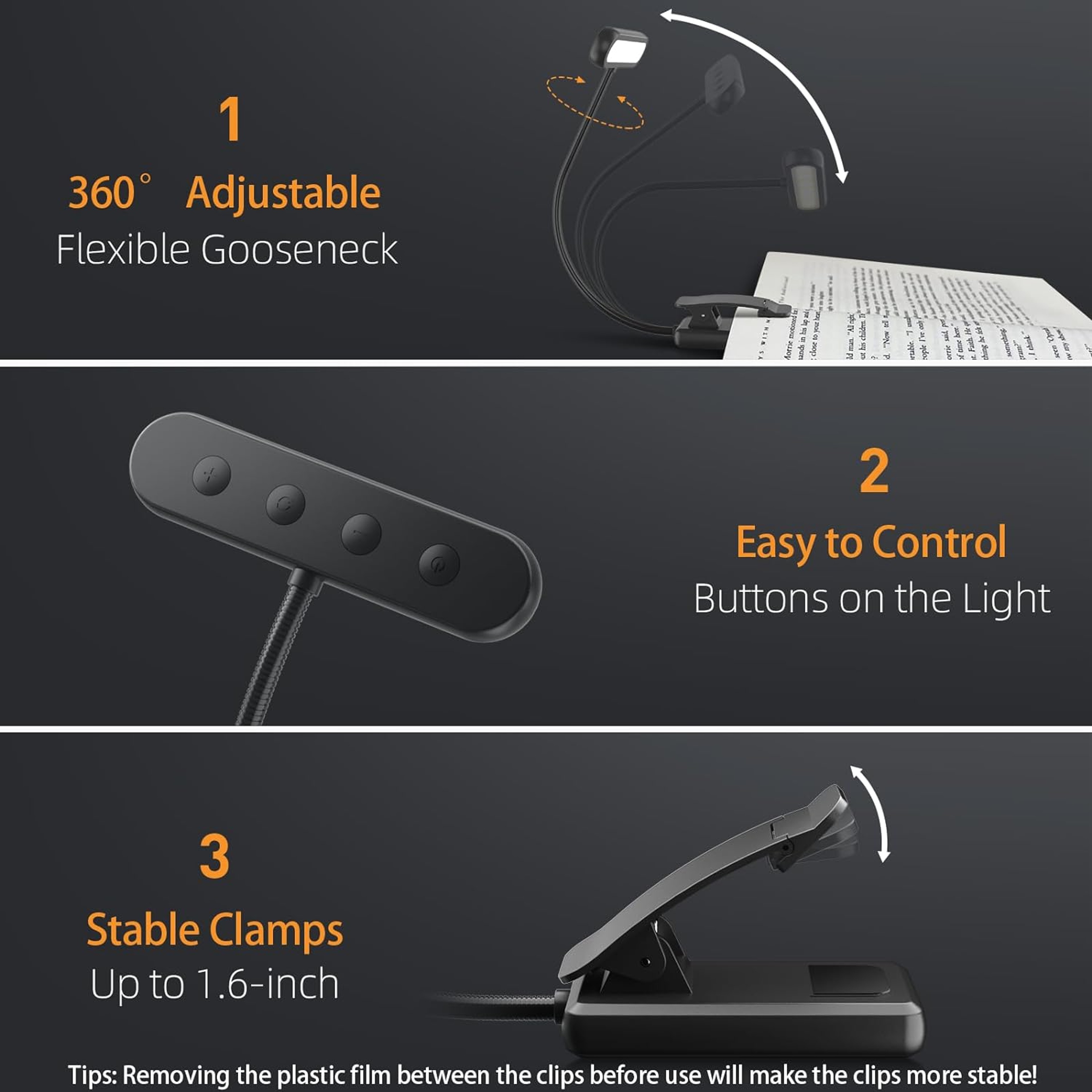 USB Rechargeable 14LED Book Reading Light, Flexible Clip-On Night Lamp, Portable Warm Cool Daylight Bedside Desk Light – view 4