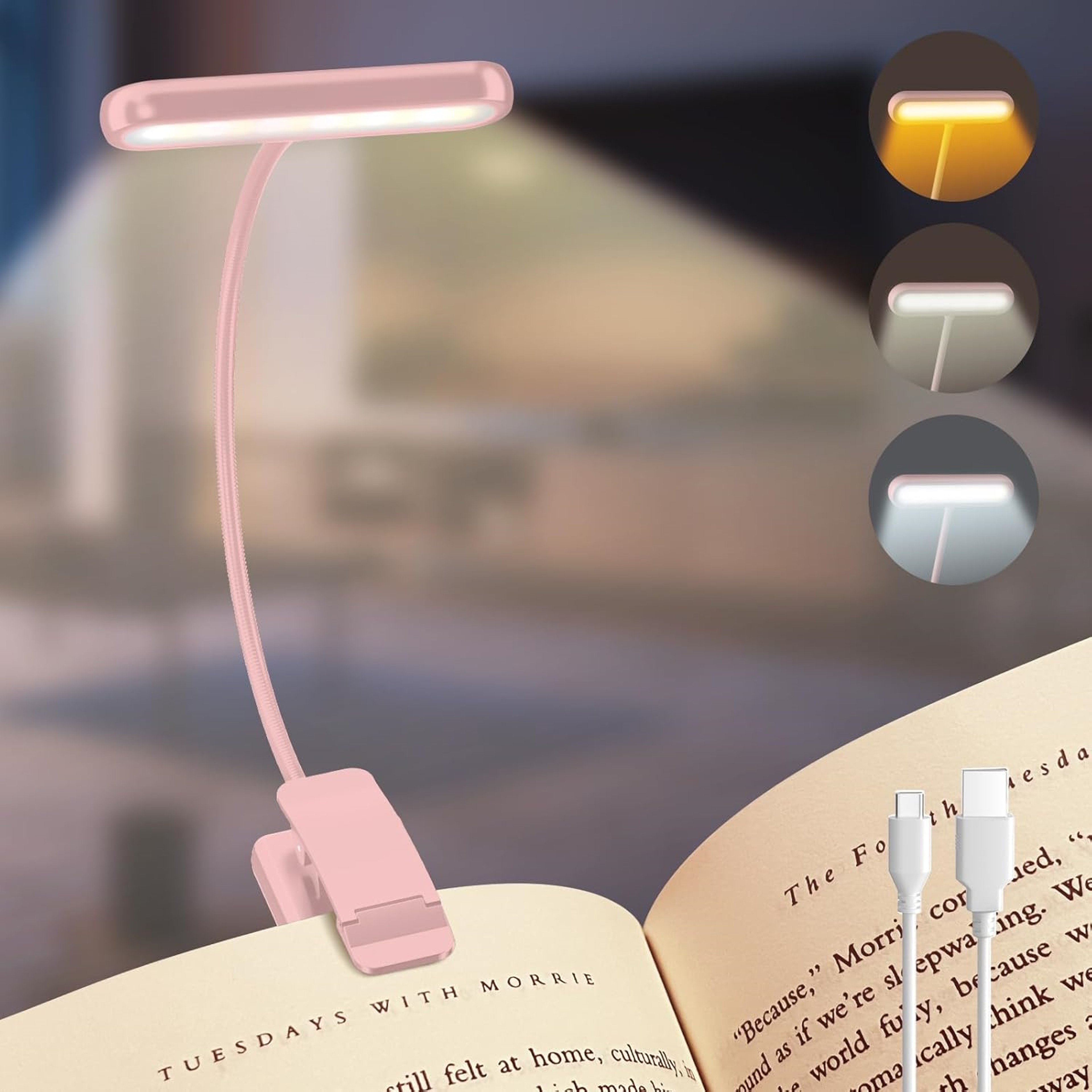 USB Rechargeable 14LED Book Reading Light, Flexible Clip-On Night Lamp, Portable Warm Cool Daylight Bedside Desk Light – view 9
