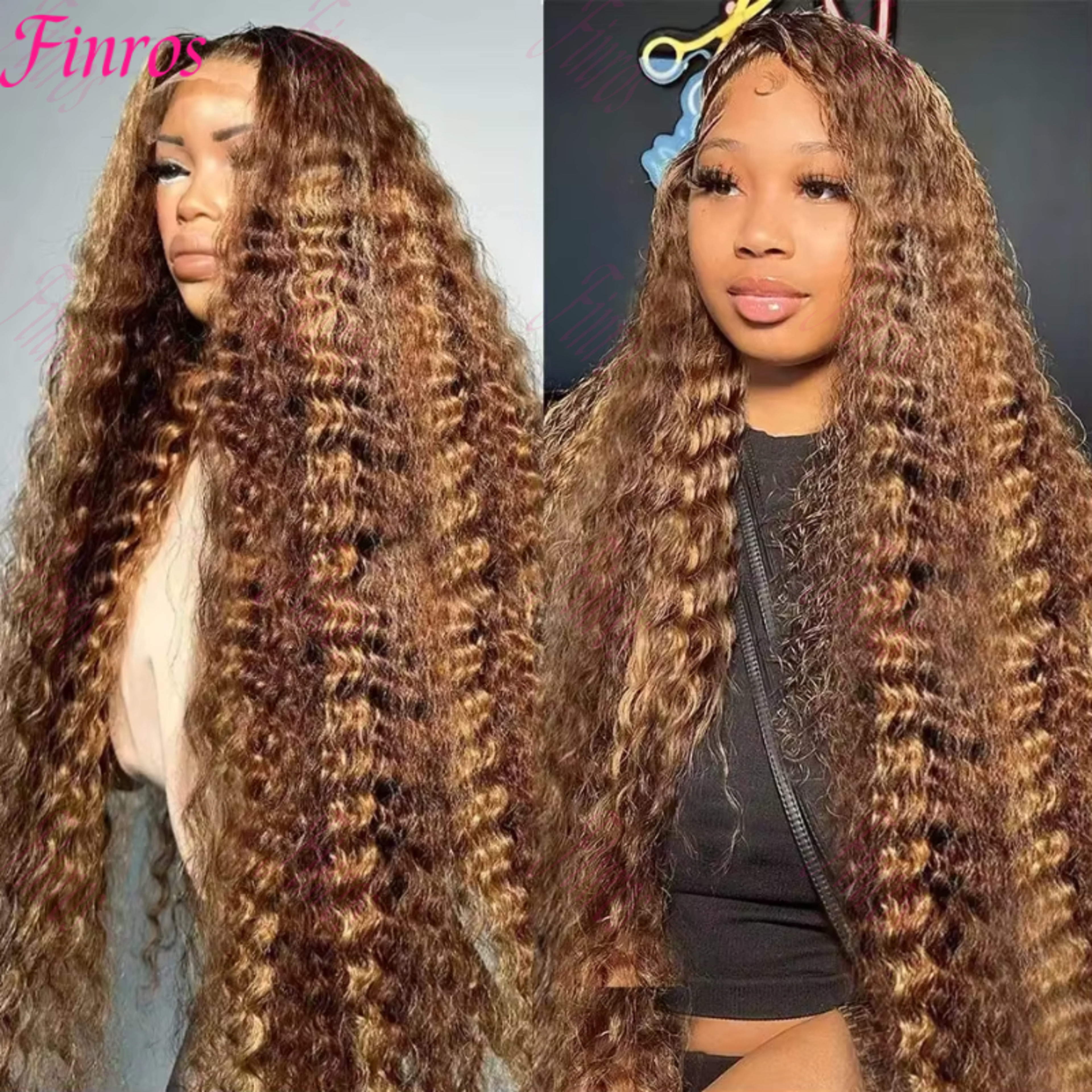Honey Blonde Highlight Human Hair Wig, Deep Wave Lace Front HD Lace Frontal Curly Brazilian Wig for Women – view 1